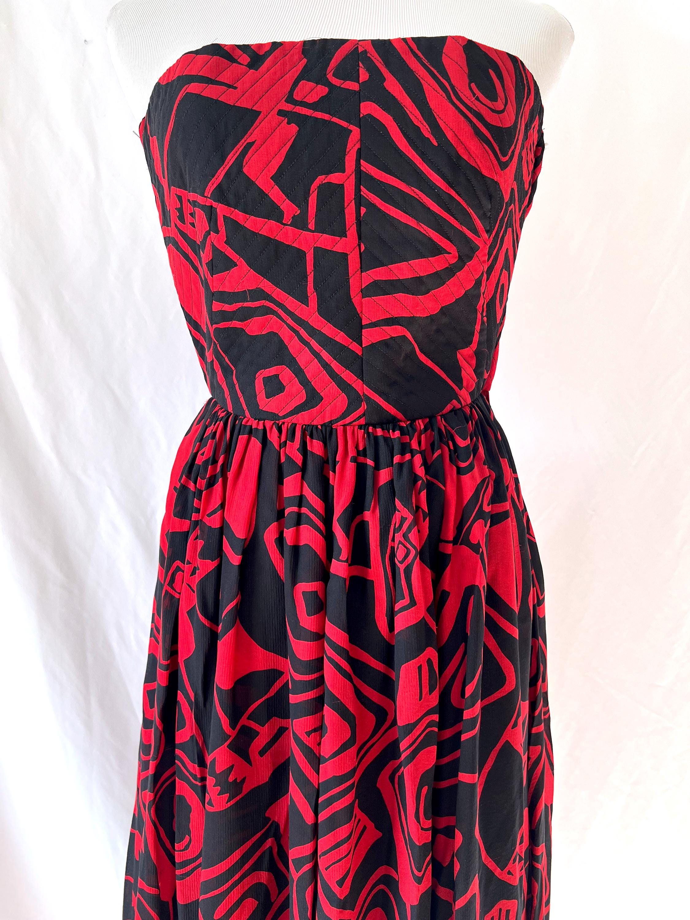 Vintage Albert Nipon Silk Strapless Dress: Red Black Abstract Print, Size 2-4