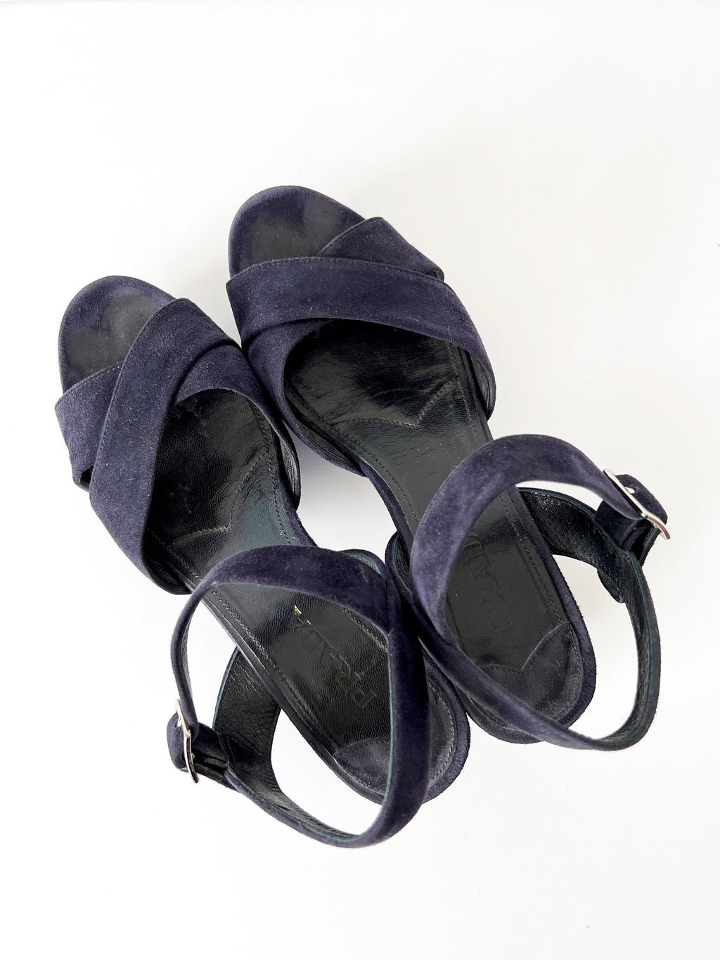 prada blue suede platform sandals 37.5  /  7.5
