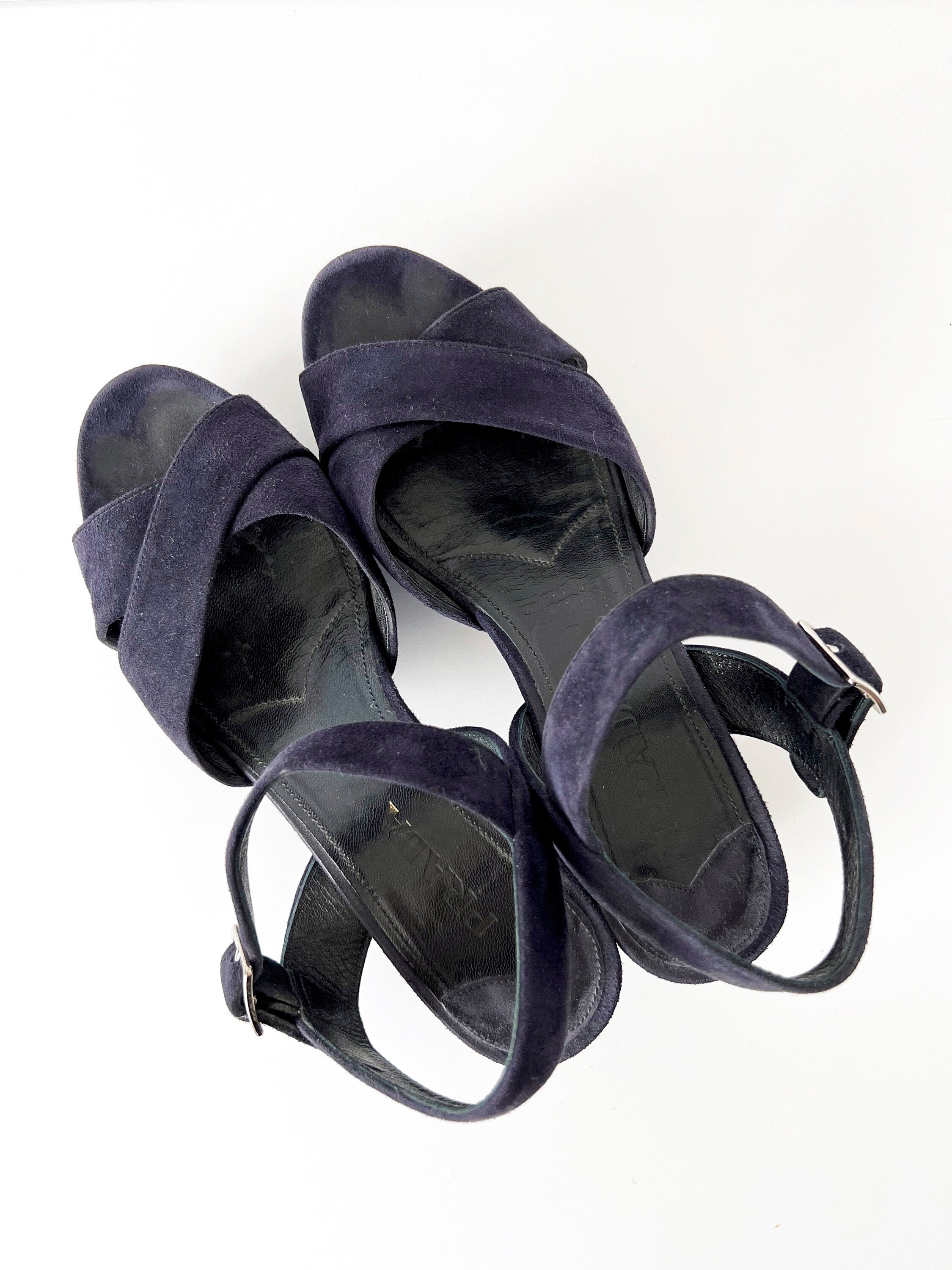 prada blue suede platform sandals 37.5  /  7.5
