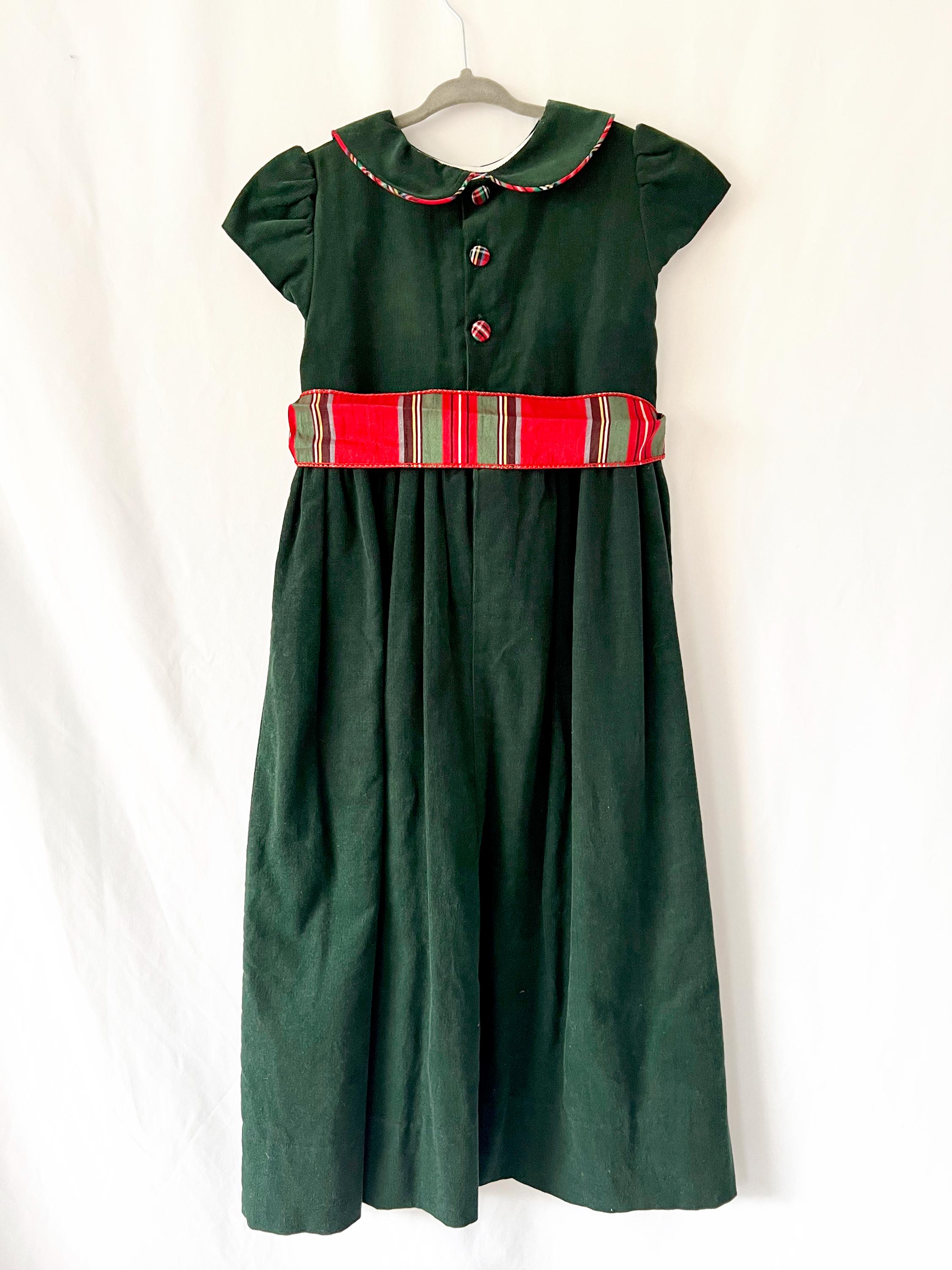 girls size 7 vintage dark green and tartan plaid dress / christmas dress