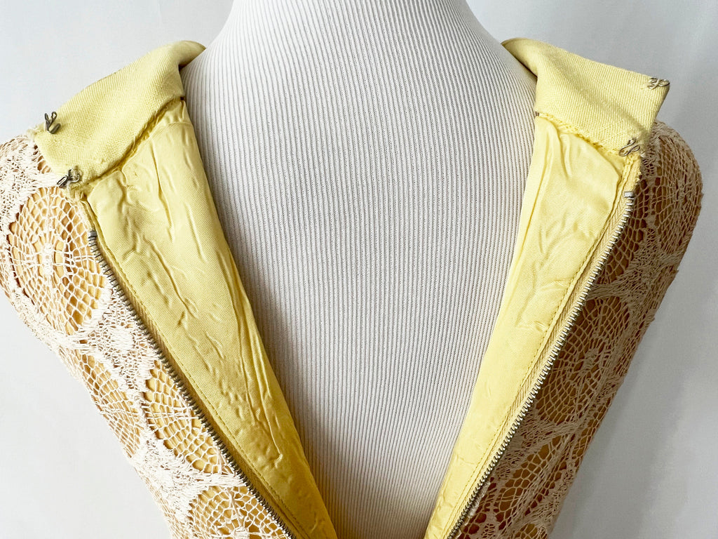 Vintage 1960s Crochet Linen Dress: Mod Yellow Sheath, Pockets, Medium