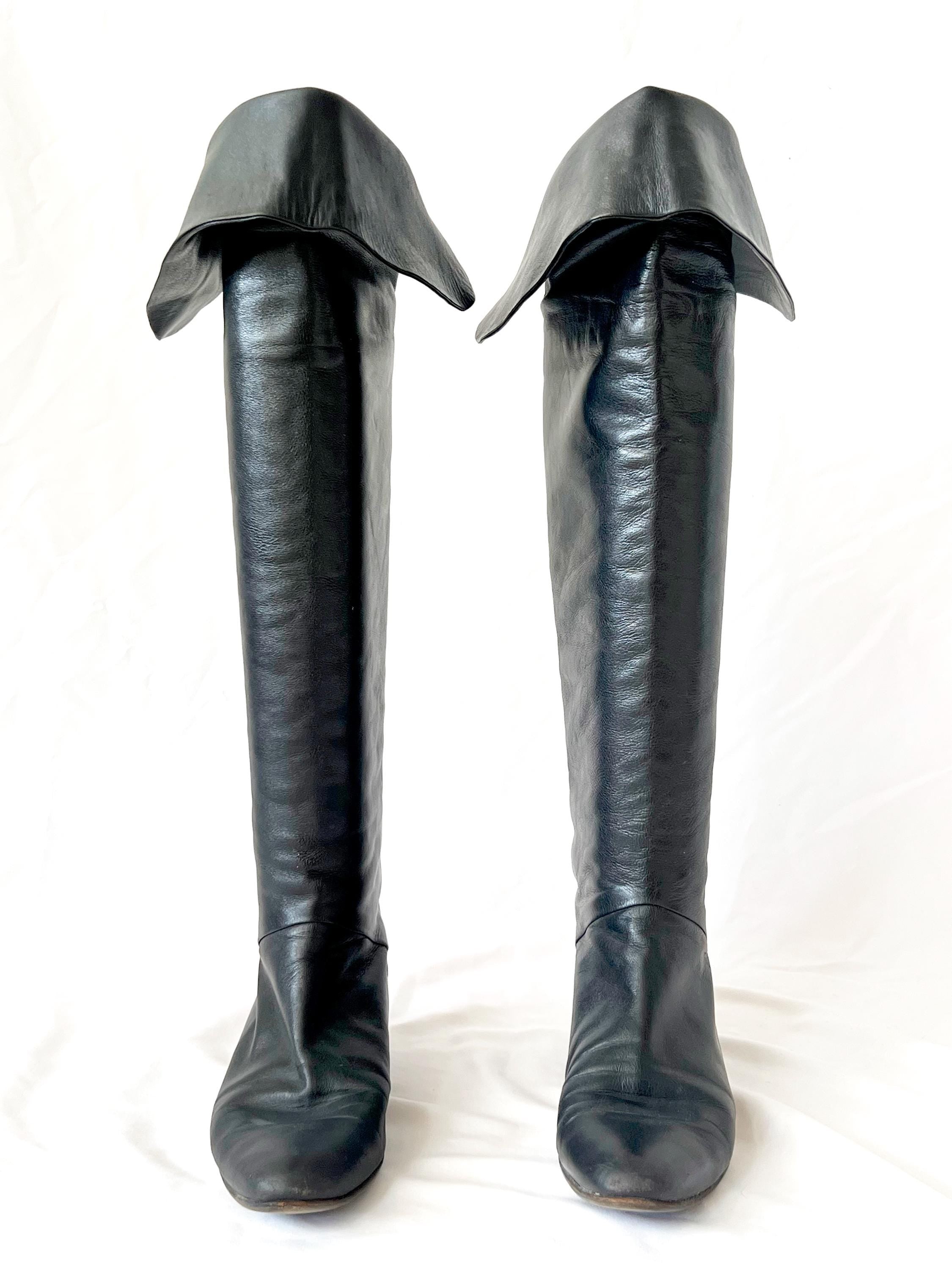 Vintage 80s Black Leather Pirate Boots - Italian Made, Size US 6.5