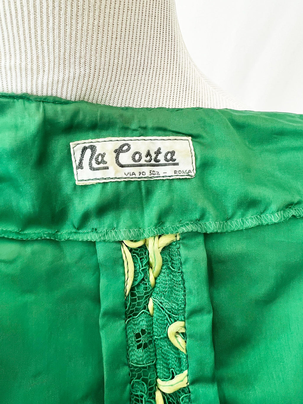 1970s Italian couture green and yellow lace jacket with rhinestone buttons small