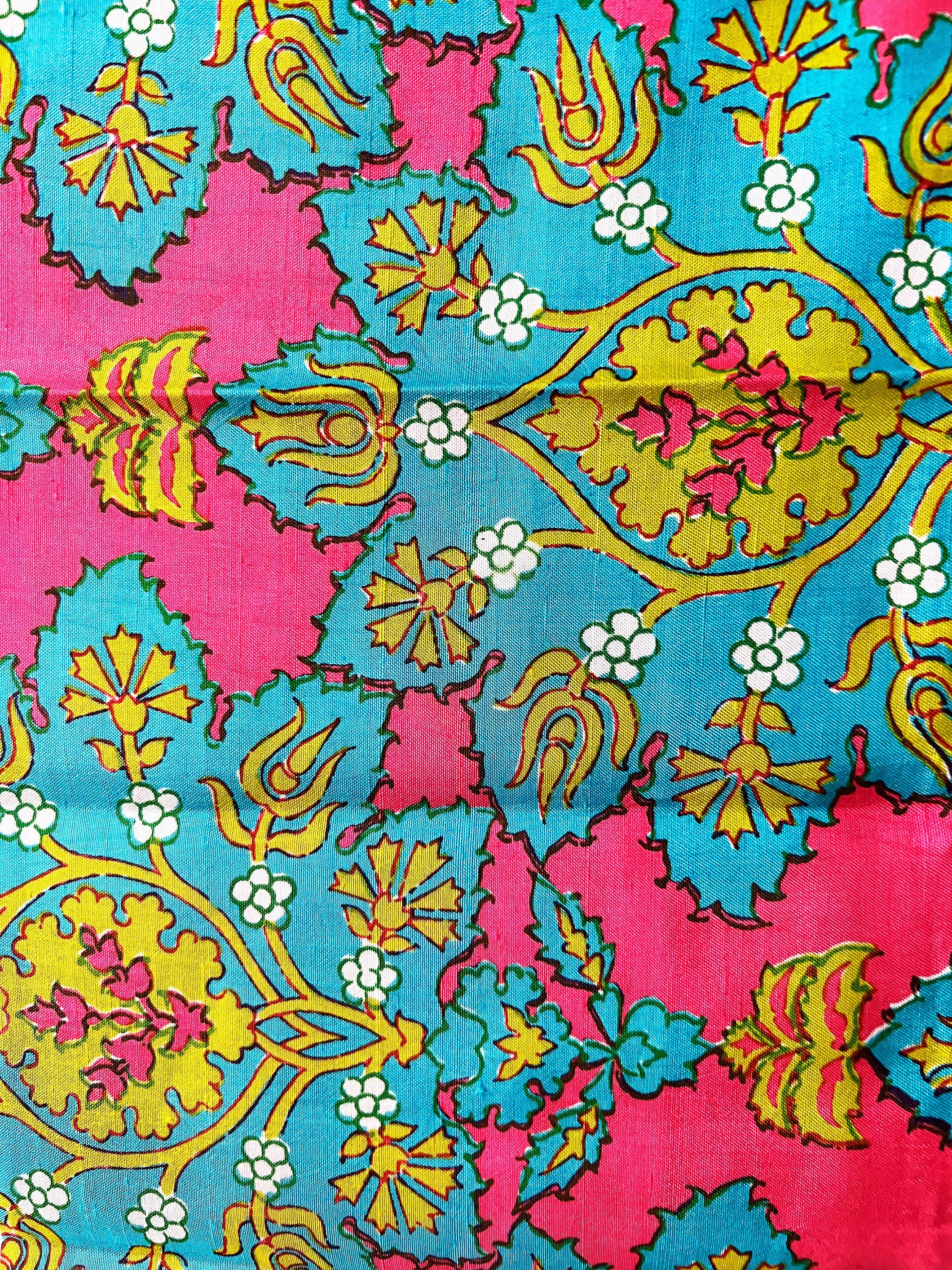 Psychedelic Vintage 1960s Silk Scarf Thai Silk Lime Green and Hot Pink