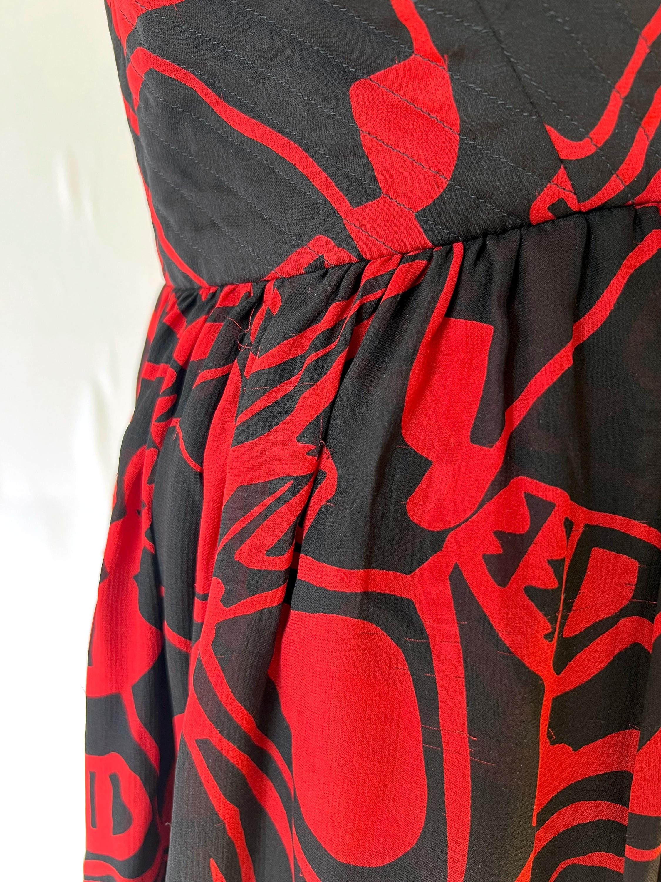 Vintage Albert Nipon Silk Strapless Dress: Red Black Abstract Print, Size 2-4