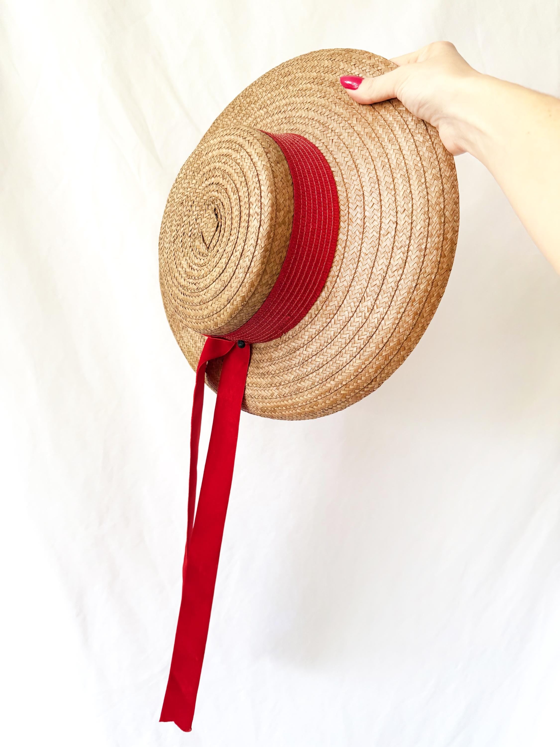 Vintage John Frederics Straw Boater Hat: Wide Brim, Red Velvet Ribbon