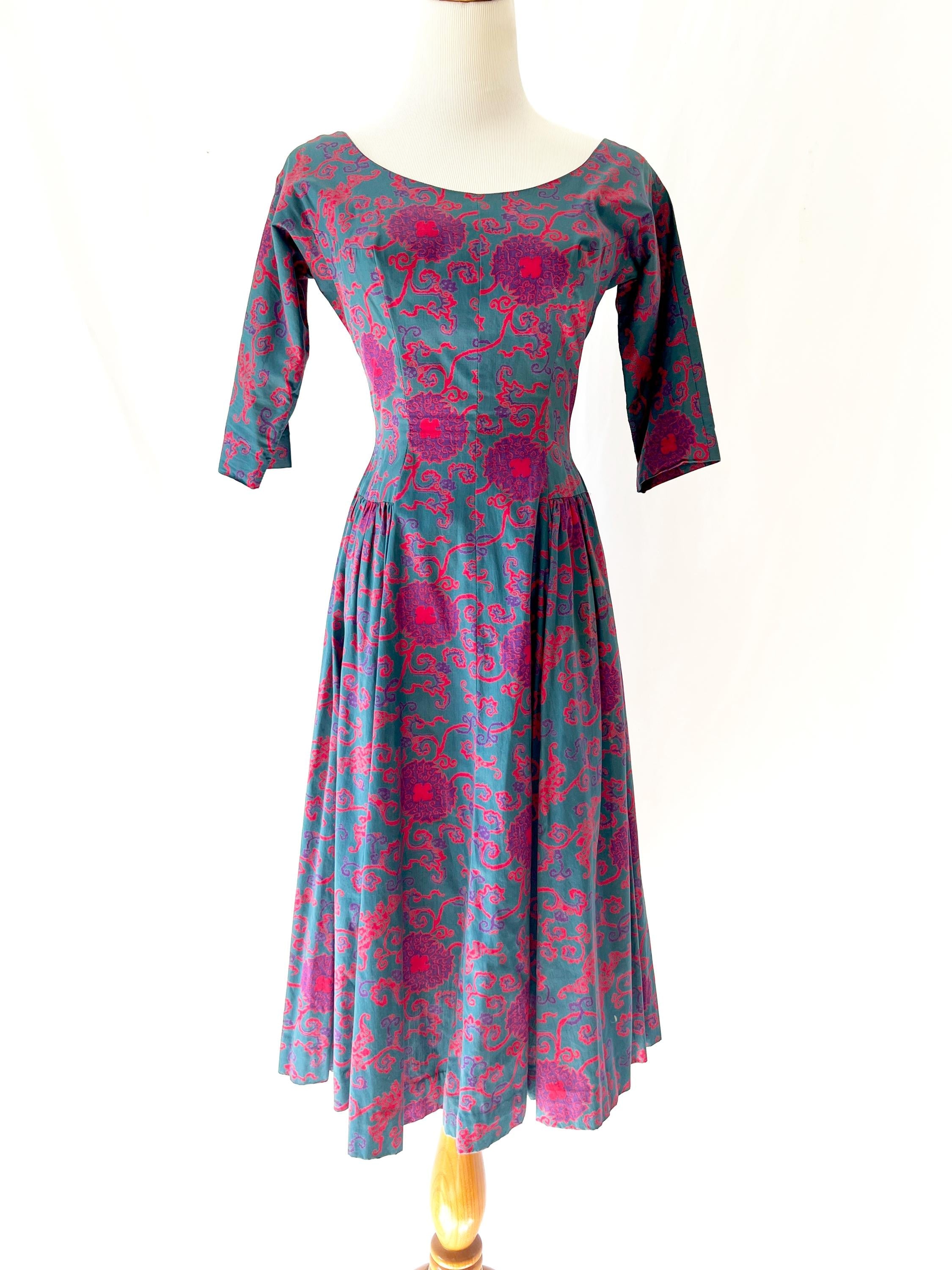 Vintage 1950s Floral Print Dress  Retro Garden Party Tea Dress Size 4