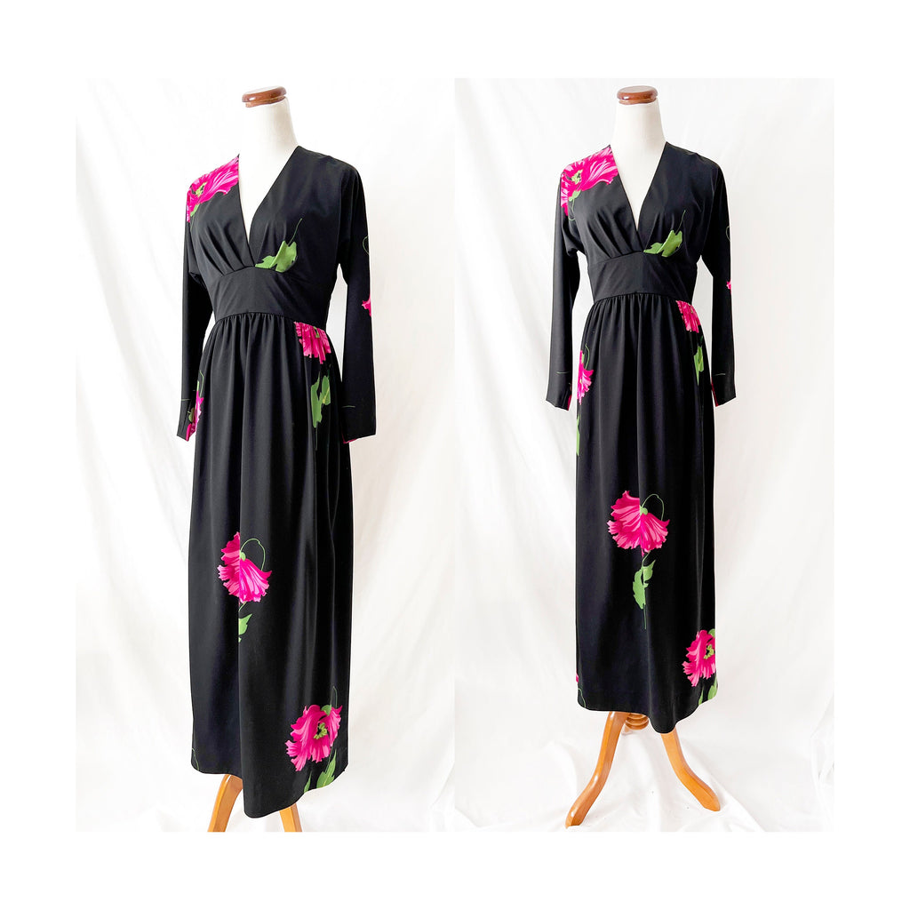 vintage 1970s maxi dress / long sleeve / black with  purple flowers / empire waist / vneck / medium