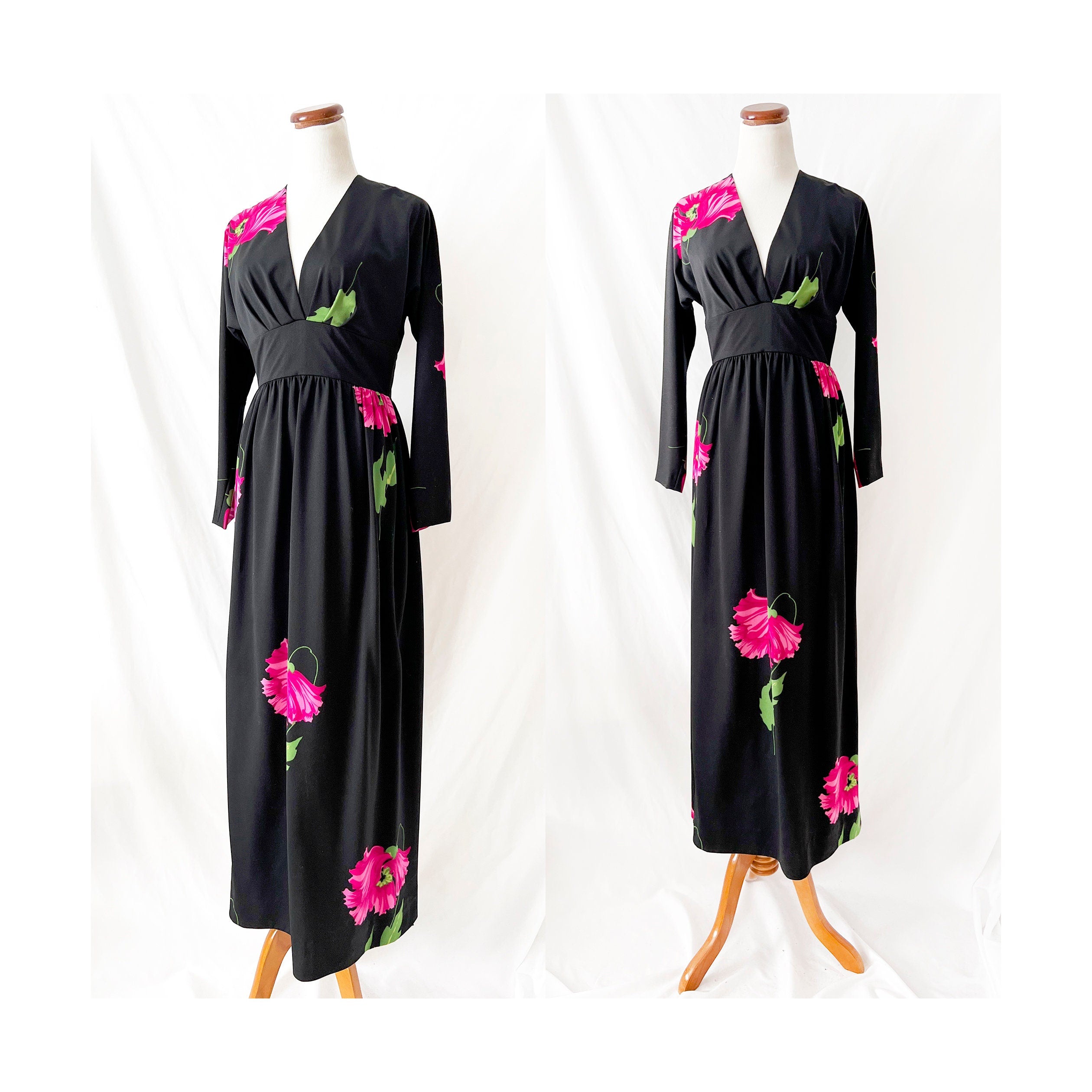 vintage 1970s maxi dress / long sleeve / black with  purple flowers / empire waist / vneck / medium