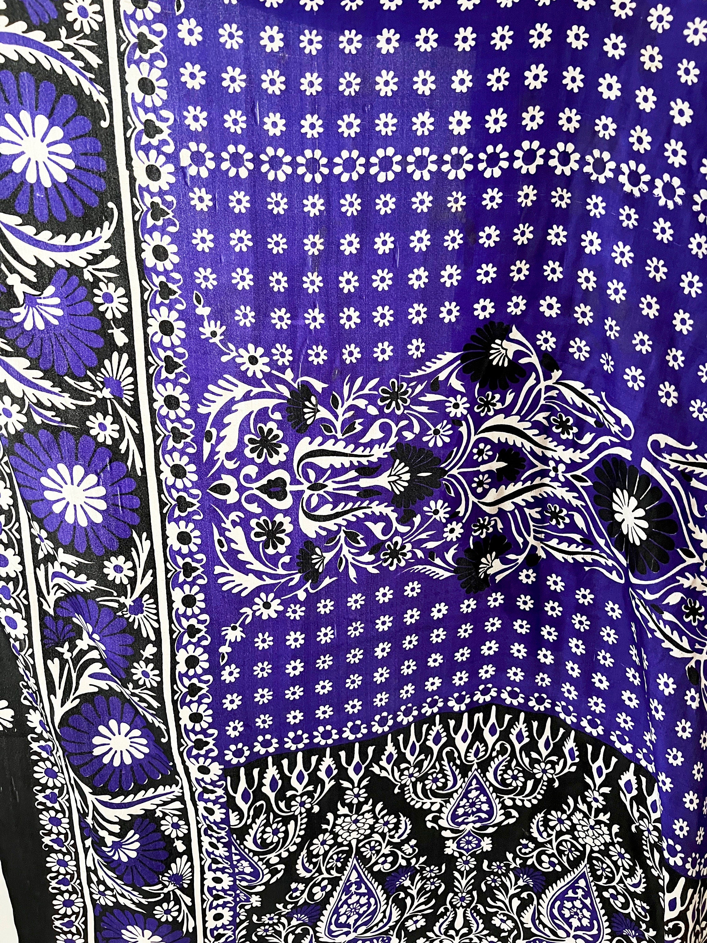 6 yards vintage silk fabric yardage made in india / indigo blue black and white