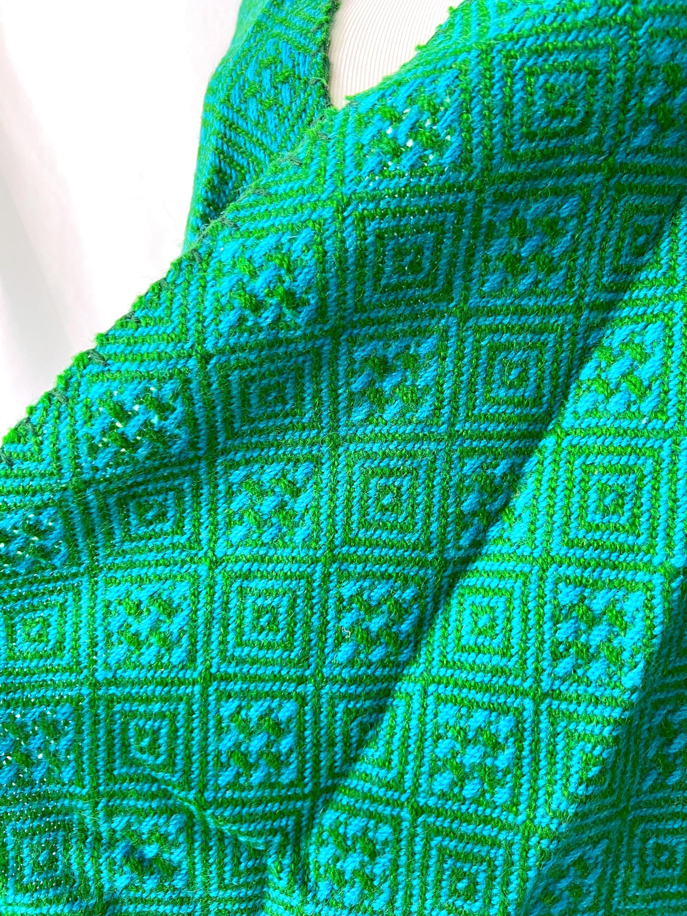 vintage poncho shawl south american woven blue and green abstract pattern