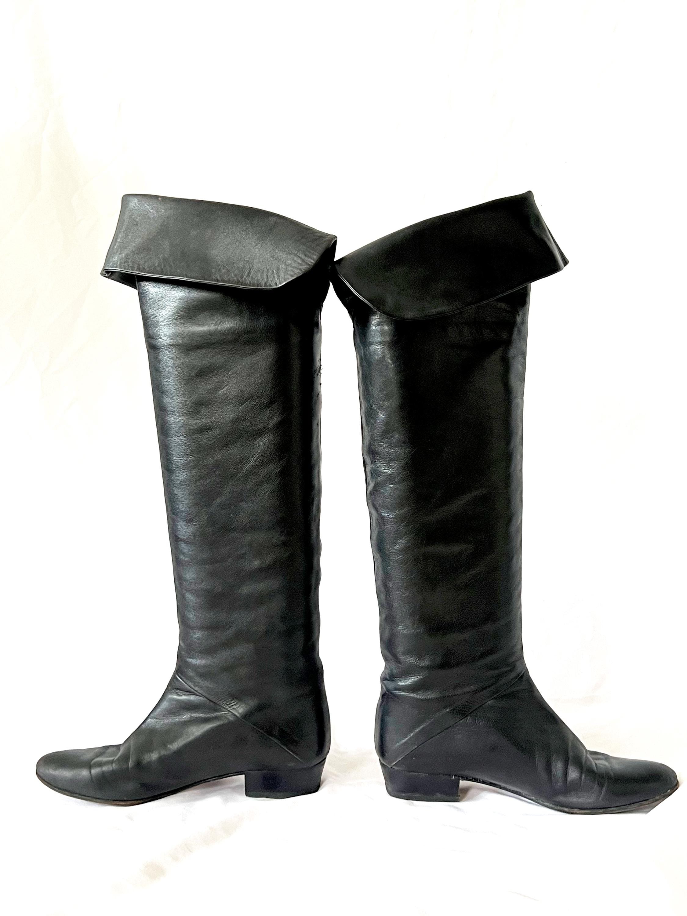 Vintage 80s Black Leather Pirate Boots - Italian Made, Size US 6.5