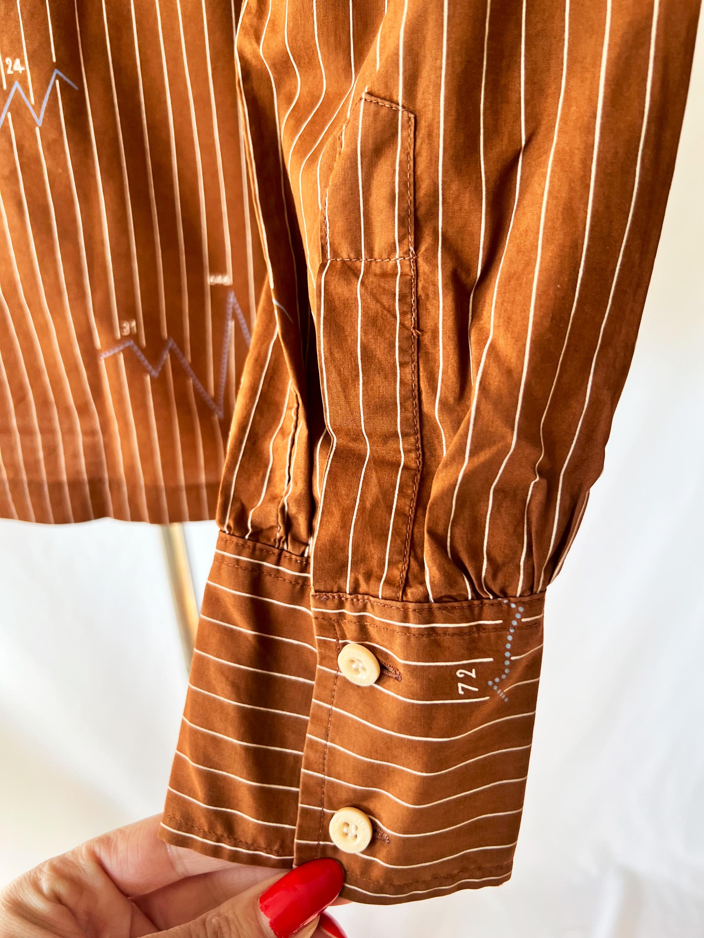 1970's Nik Nik Math Graph Half Button-down Shirt Brown Striped Blouse Small
