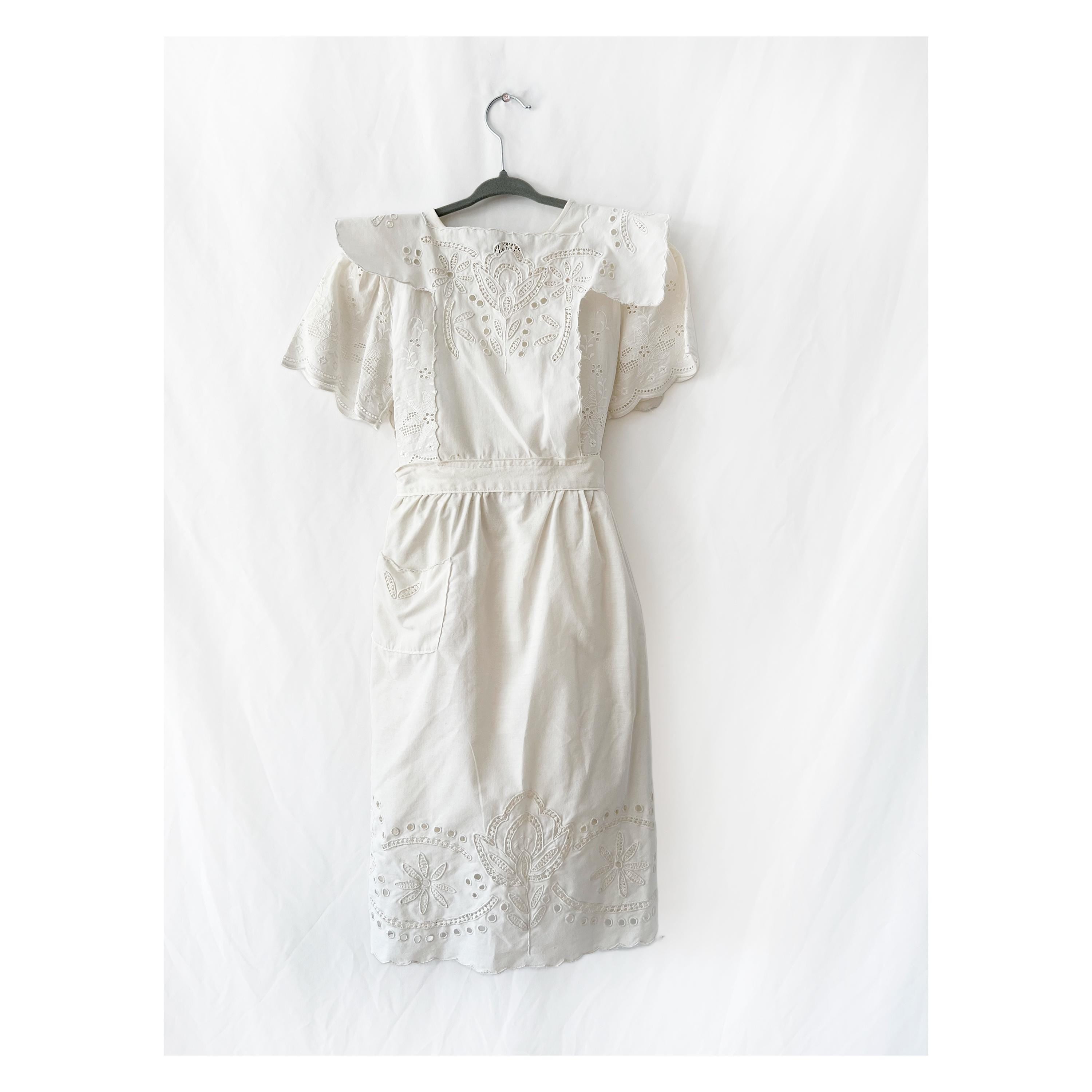 Vintage Floral Eyelet Pinafore Dress: Handmade Cotton Apron, Girls Size 4/5