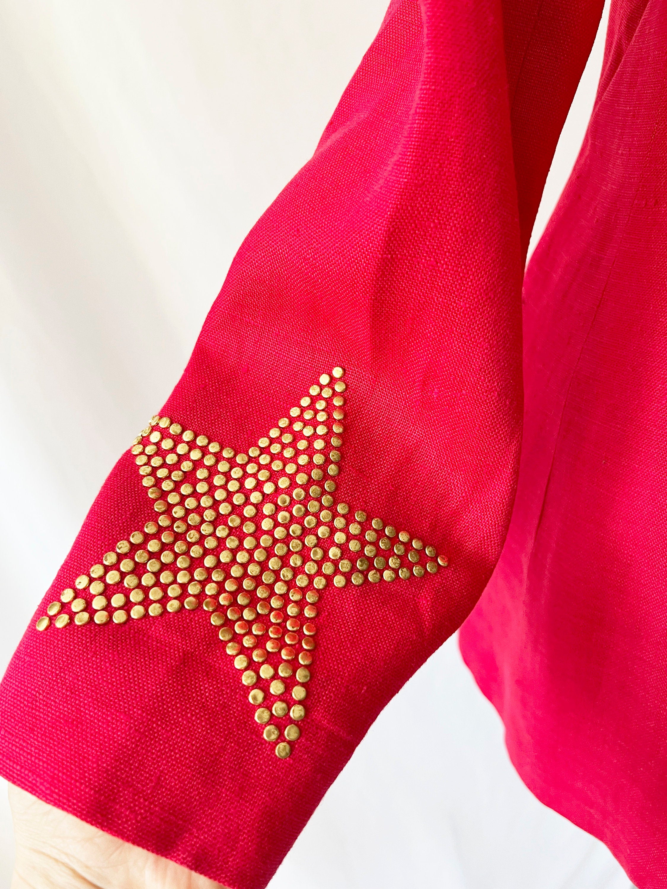 vintage red linen blazer gold star details 1990s blazer size 6