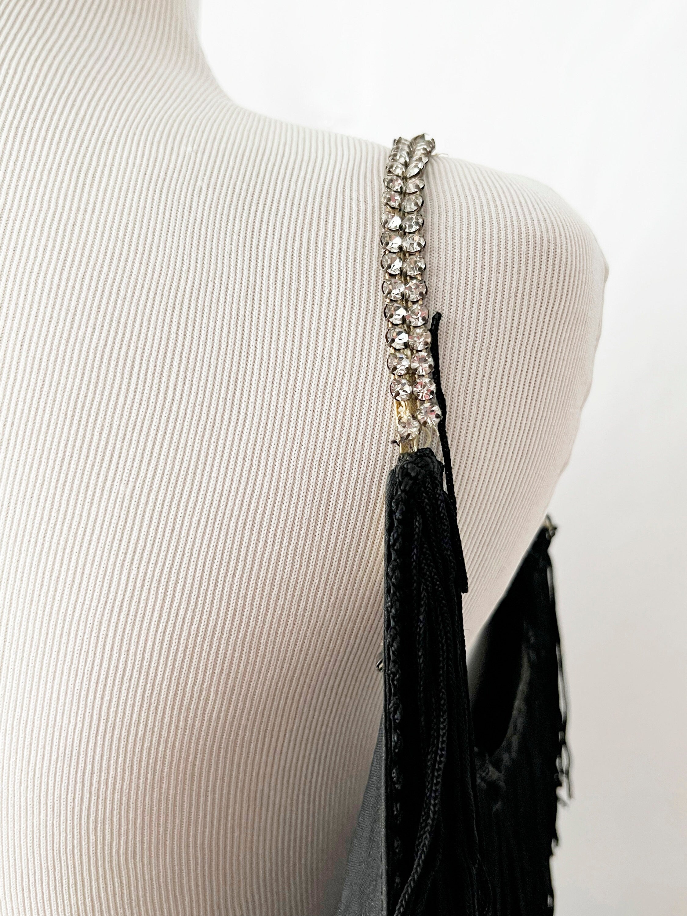 Vintage Black Fringe Dress with Rhinestone Straps - XS/S - Needs Repair