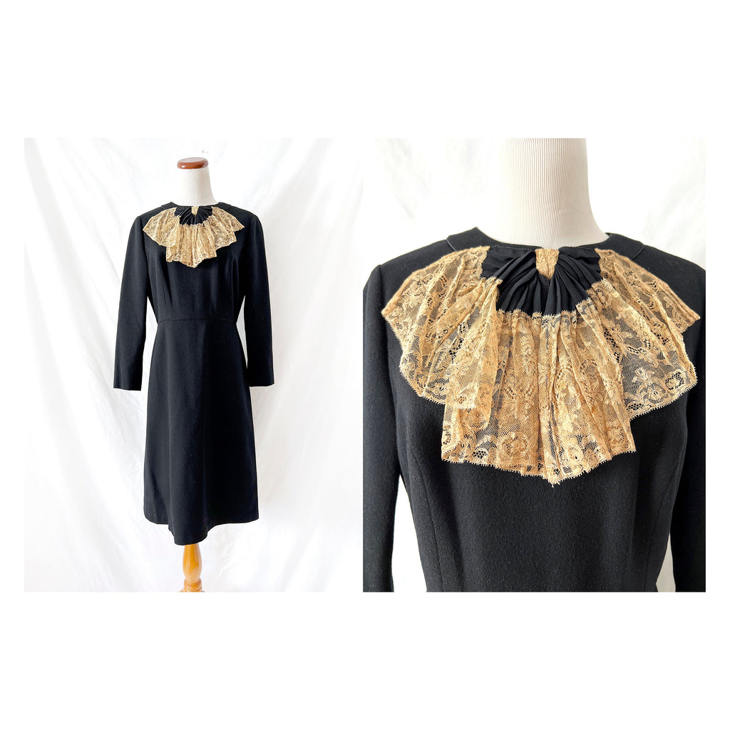 Vntg Black Wool Dress with Lace Collar Size  6