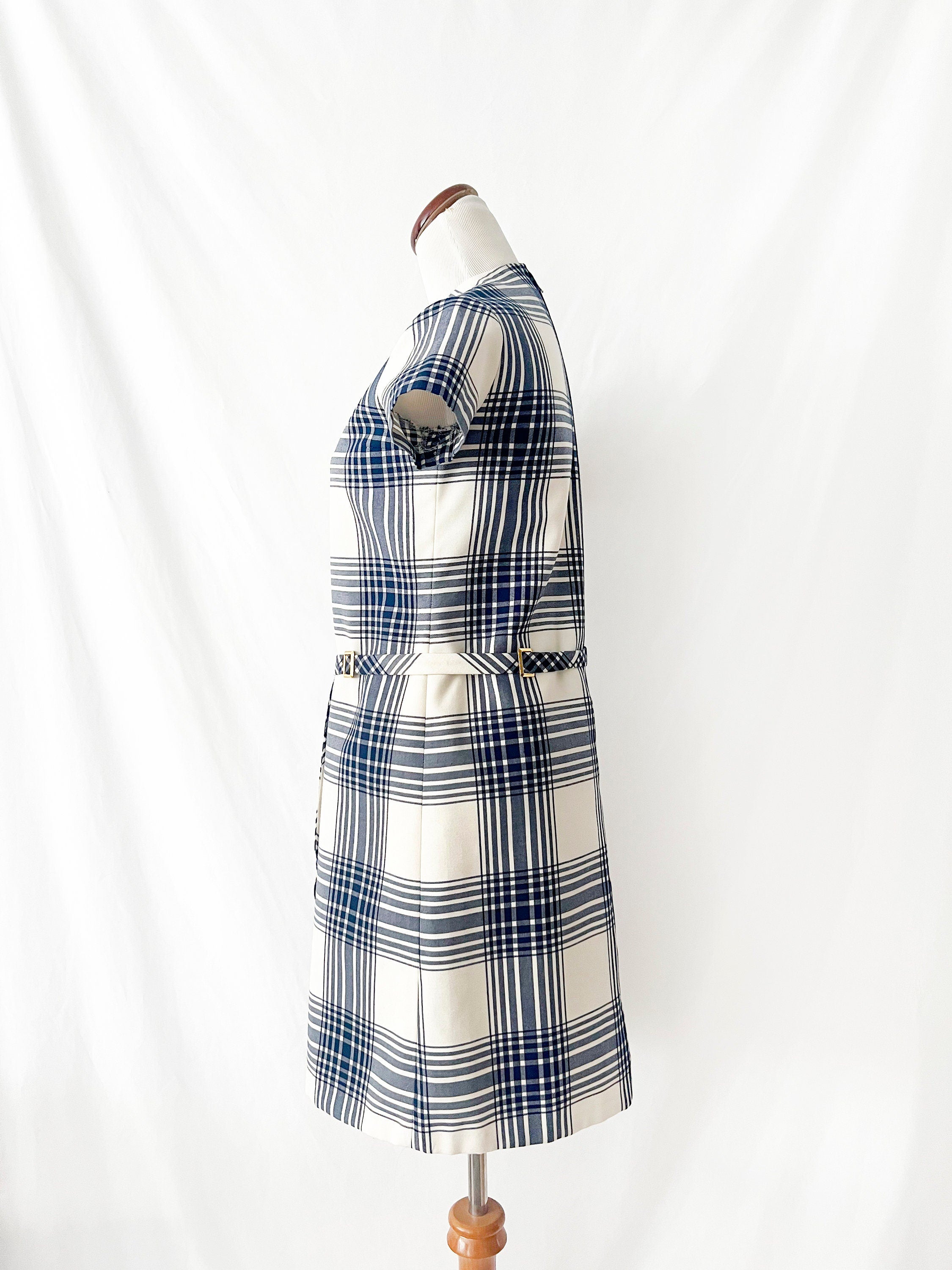vintage 1960s plaid dress blue and white mod retro belted dress size 6