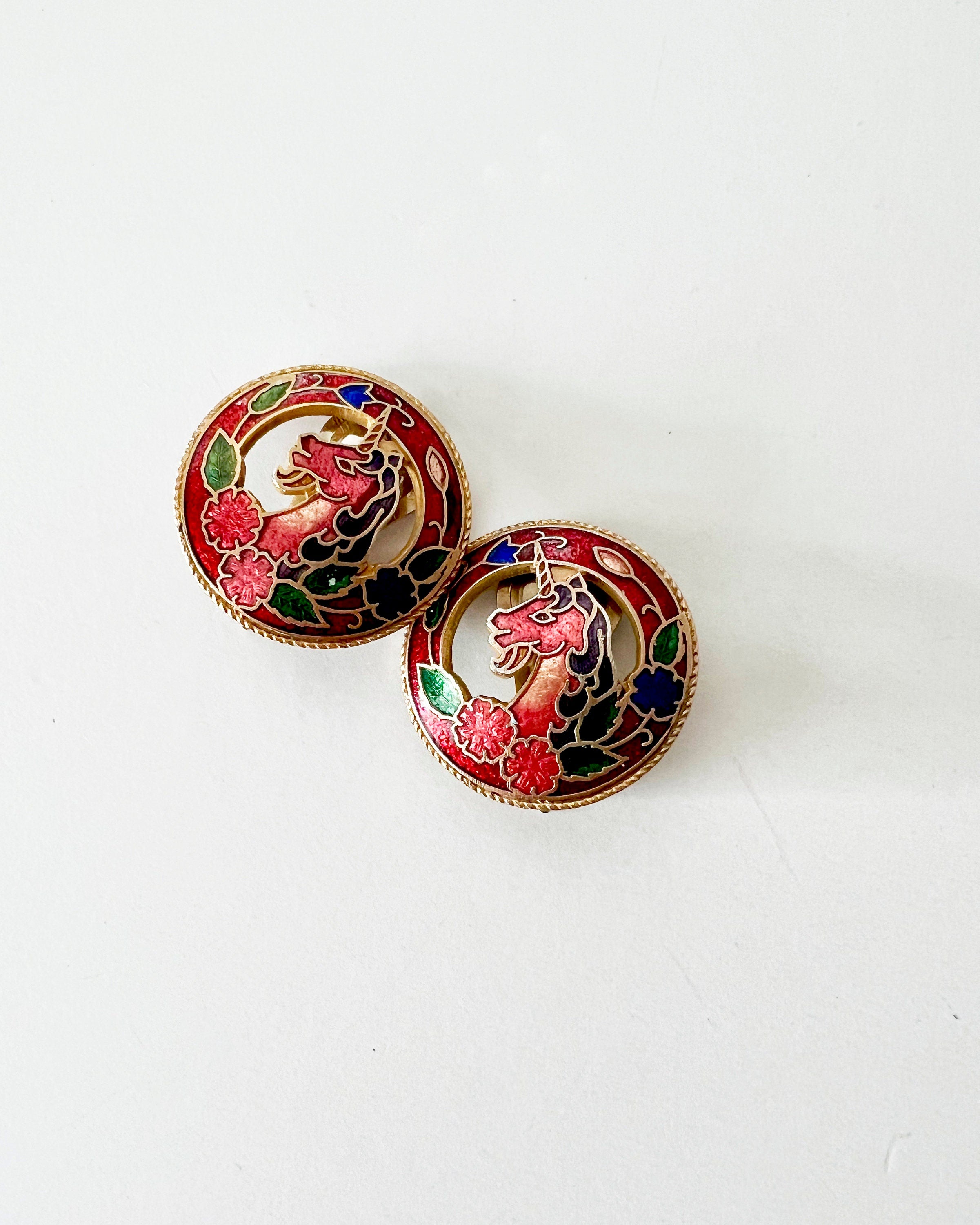 vintage cloisonne earrings unicorns round shape /  mid-century / clip-on