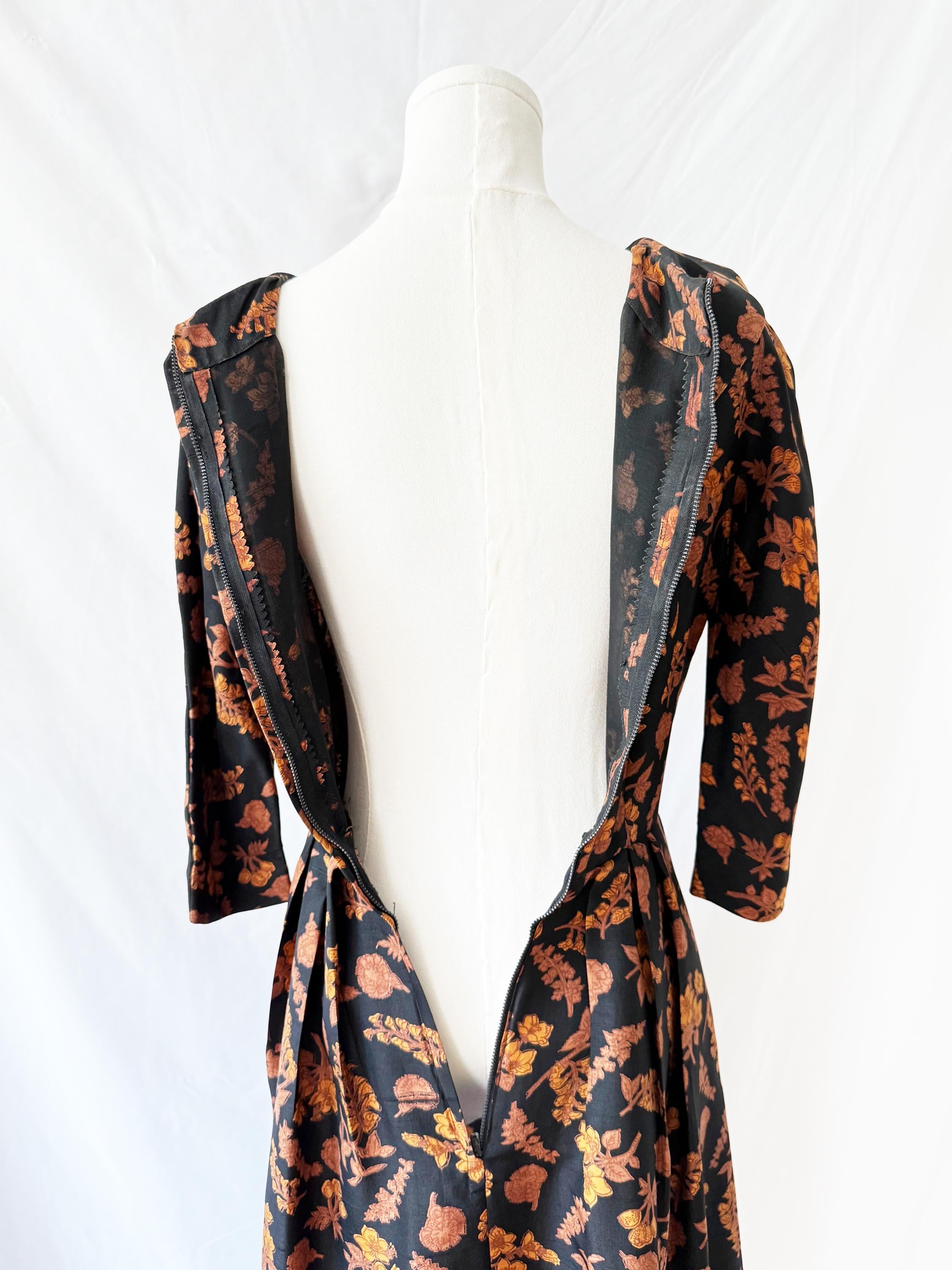 Vintage 1950s Autumn Leaves Silk Midi Dress Small