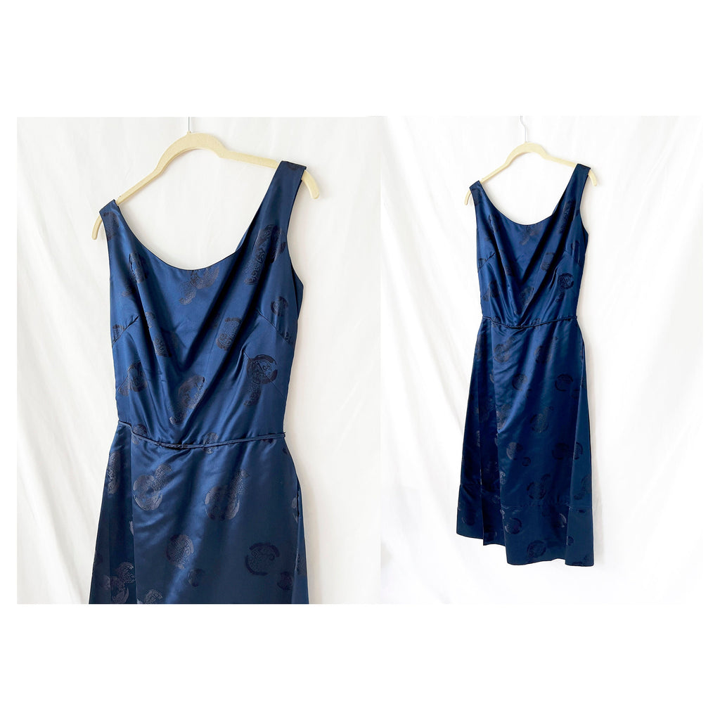 1950s / 1960s vintage dark blue chinese silk dress xs - small
