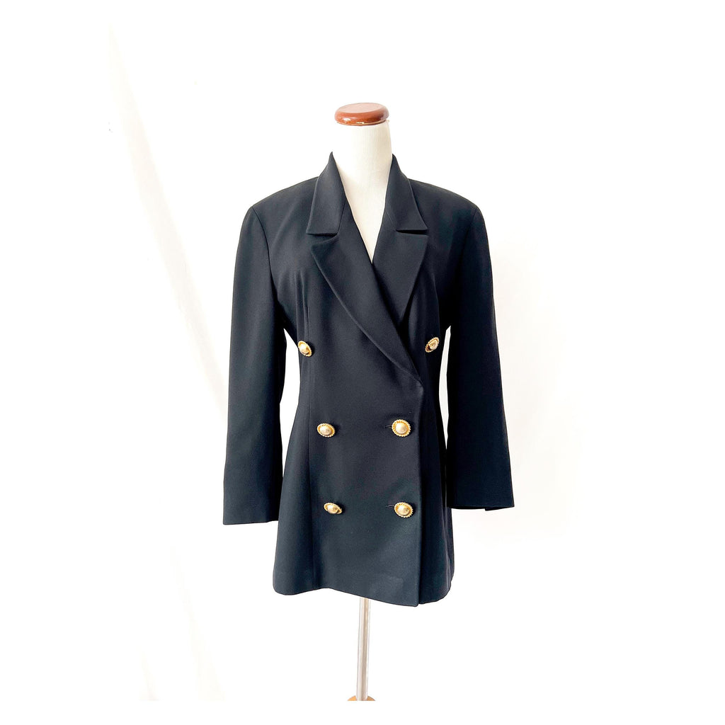 anne klein 1980s black blazer / preppy country club gold buttons / medium