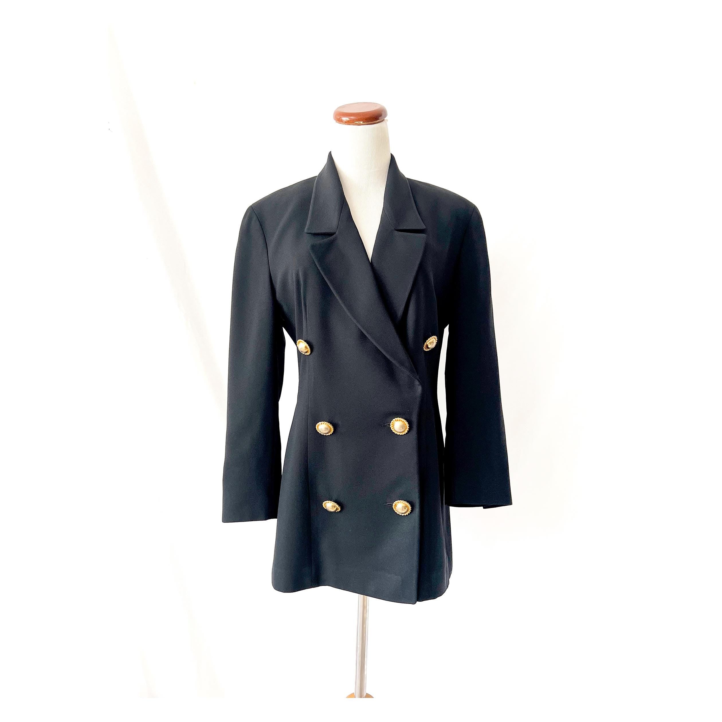 anne klein 1980s black blazer / preppy country club gold buttons / medium