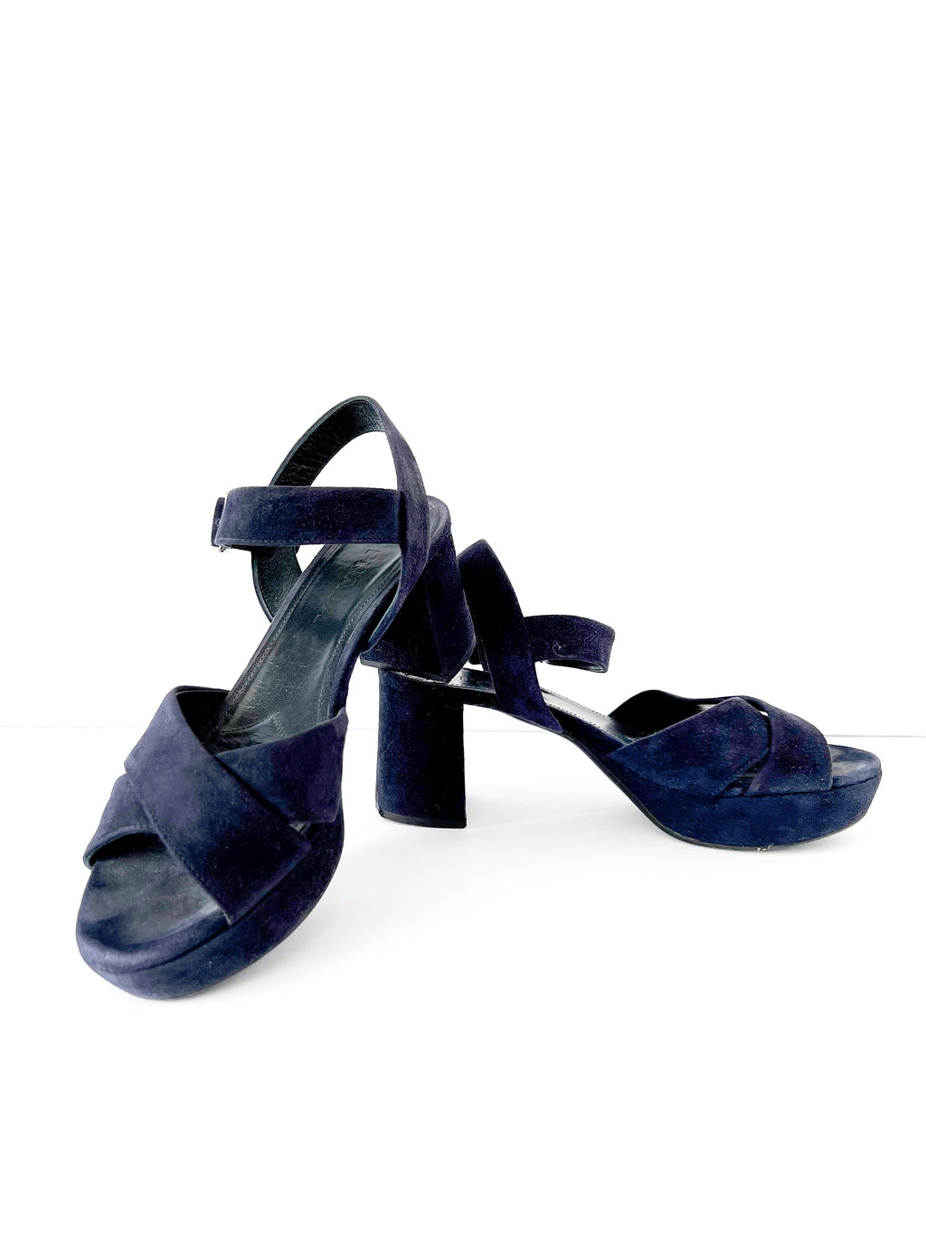 prada blue suede platform sandals 37.5  /  7.5