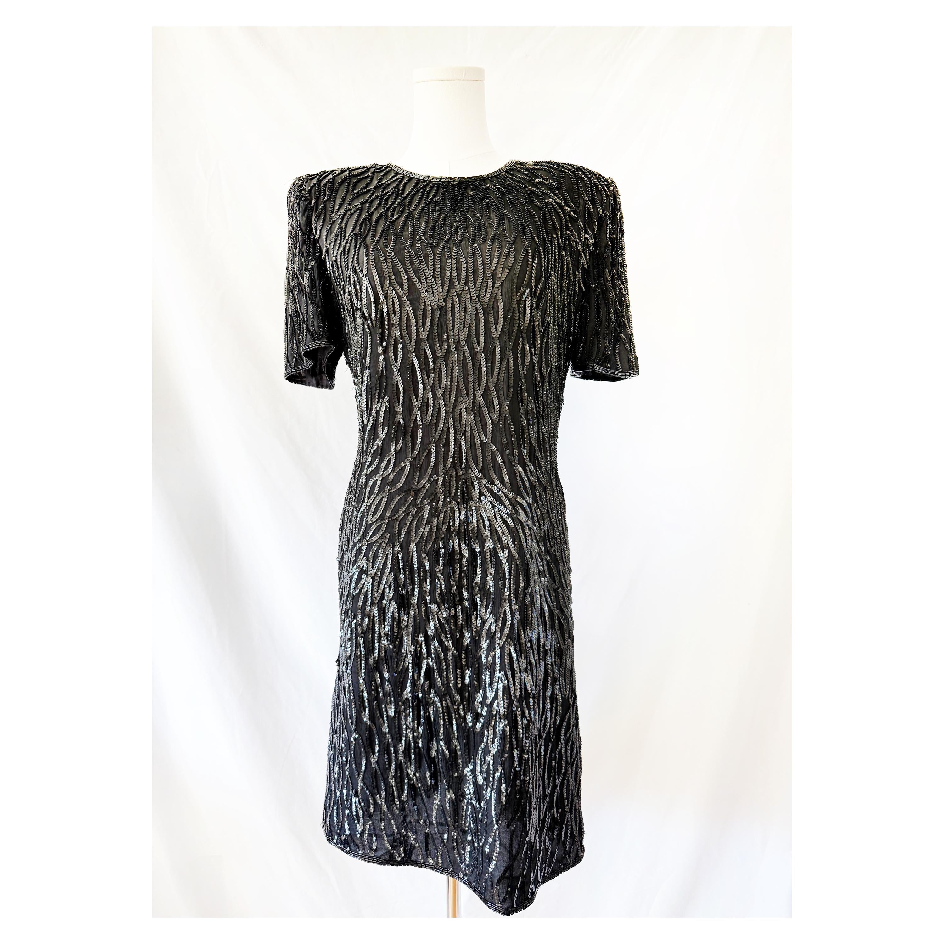 80s Beaded Silk Cocktail Dress: Laurence Kazar Black Sequin Flapper, Size Medium