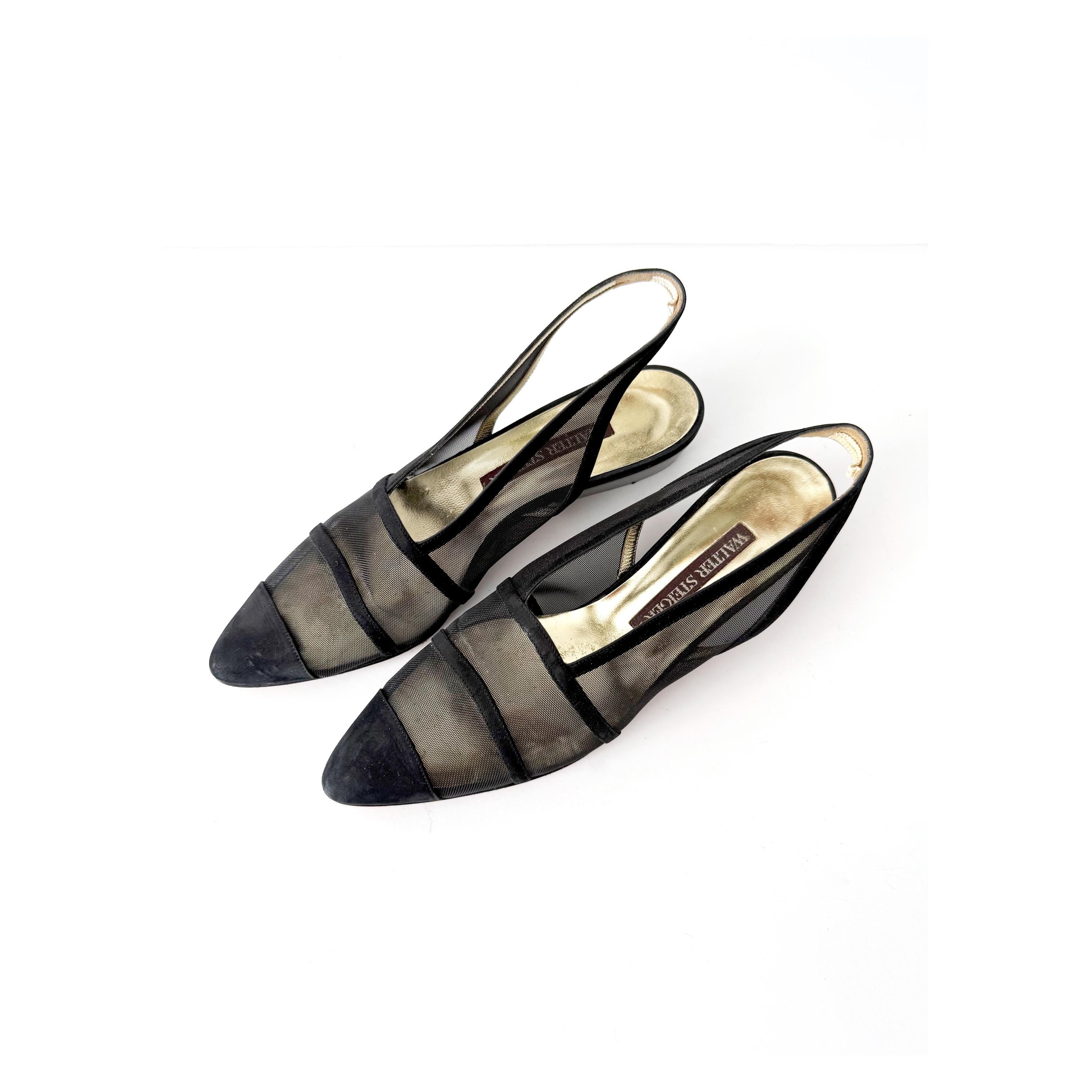 size 8 aa 1990s vintage black kitten heel sling backs sheer