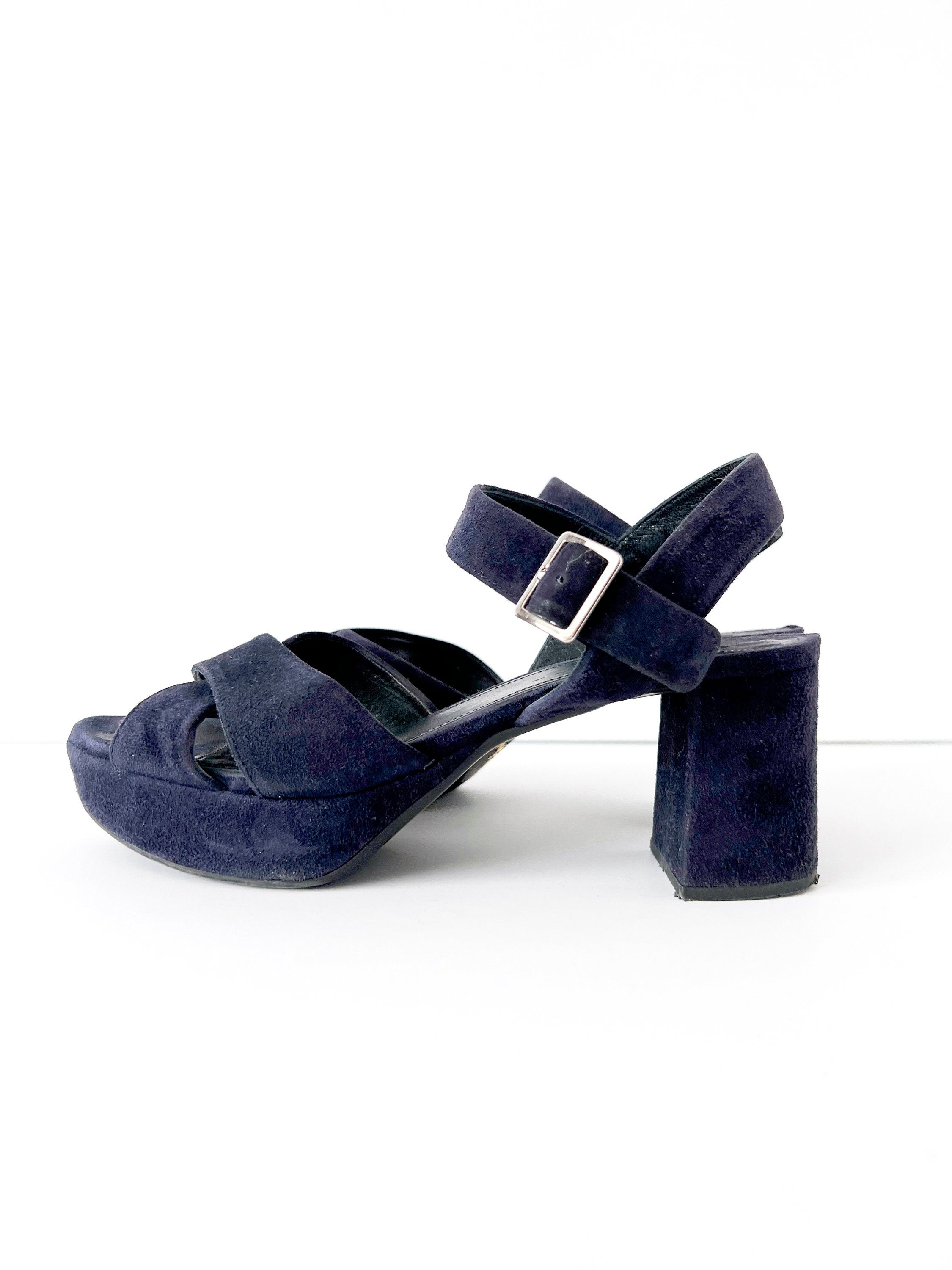 prada blue suede platform sandals 37.5  /  7.5