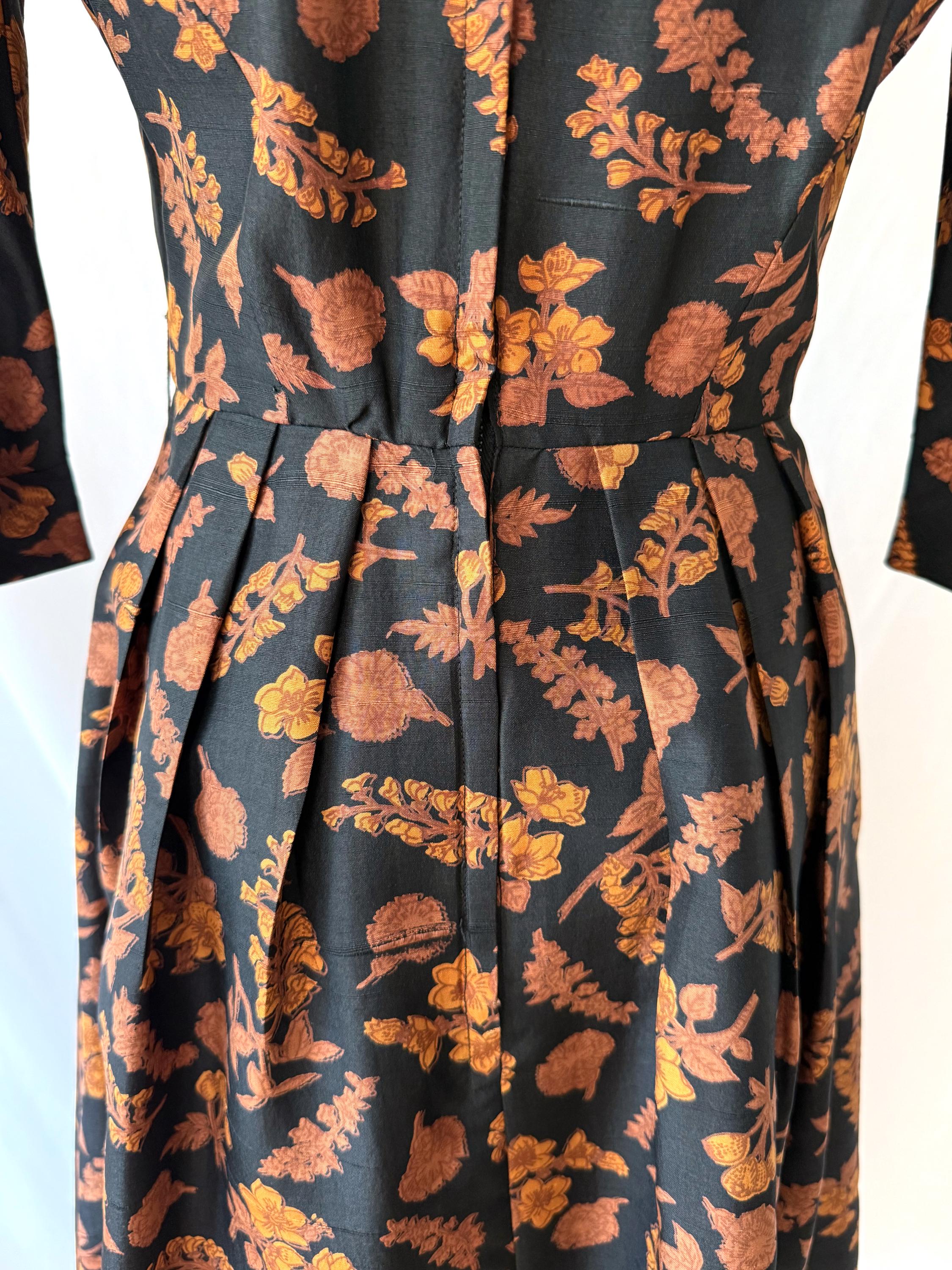 Vintage 1950s Autumn Leaves Silk Midi Dress Small