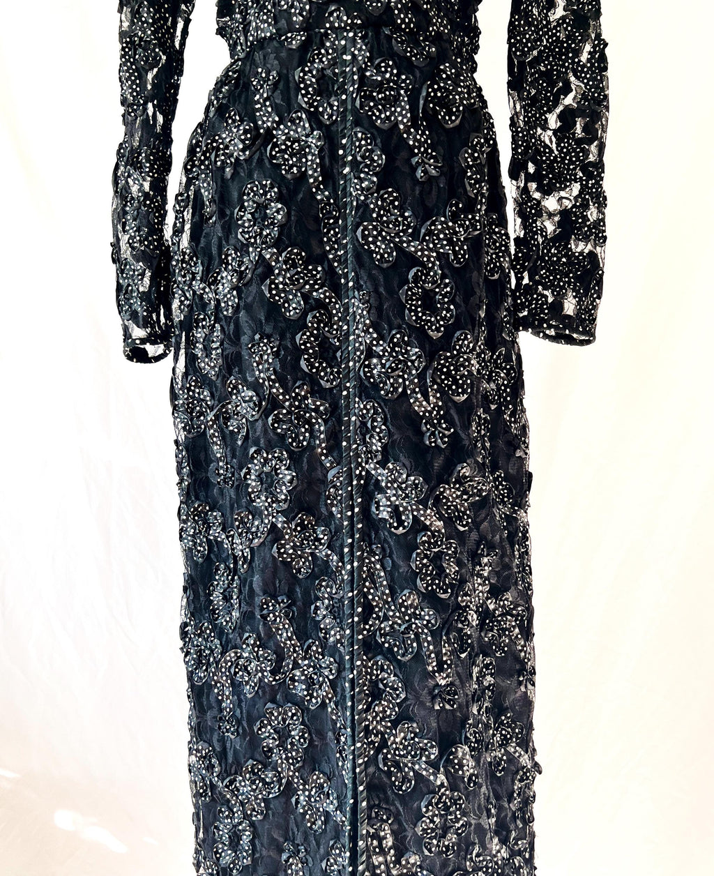 1980s Couture Gown: Vintage Black Lace Ribbon Party Dress