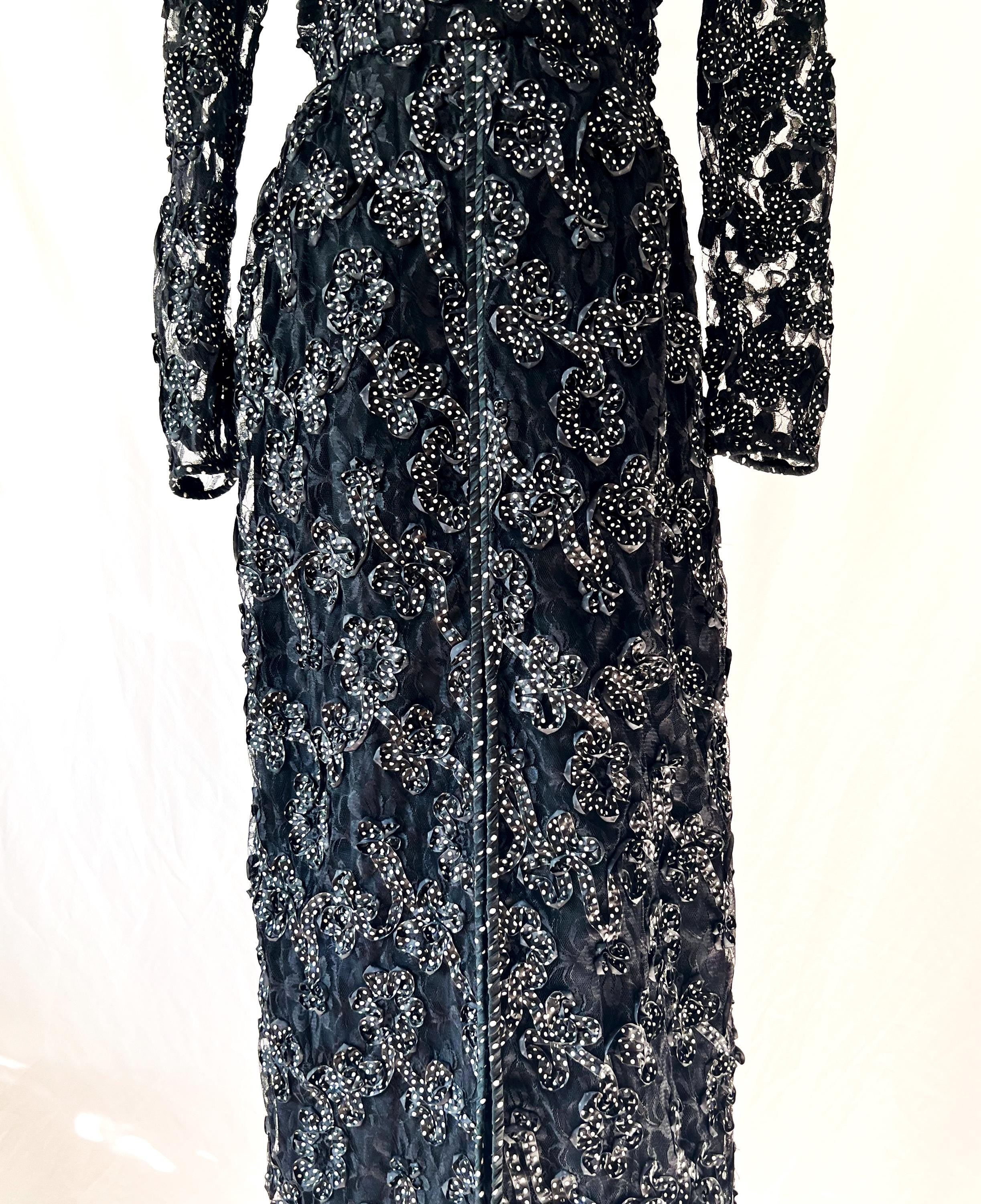 1980s Couture Gown: Vintage Black Lace Ribbon Party Dress