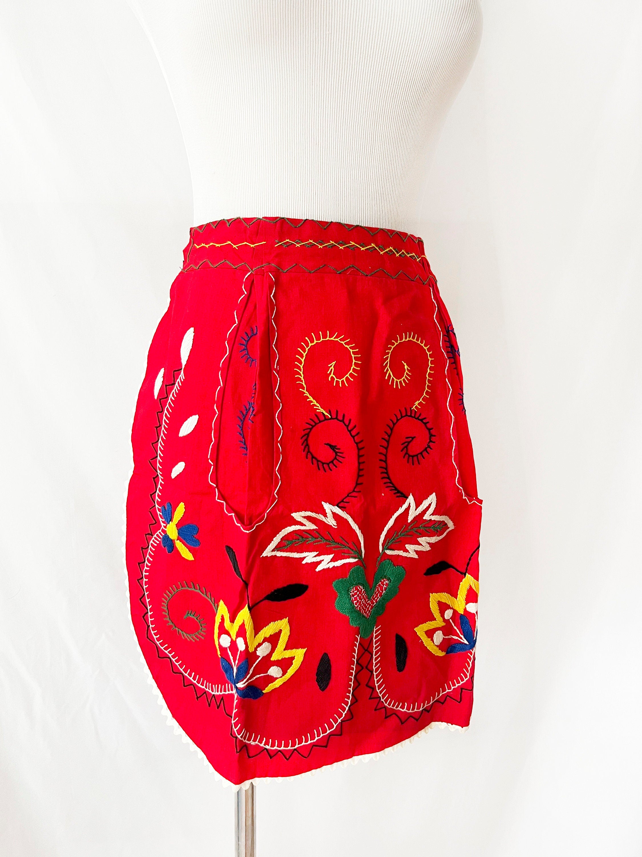 half apron red with colorful embroidery