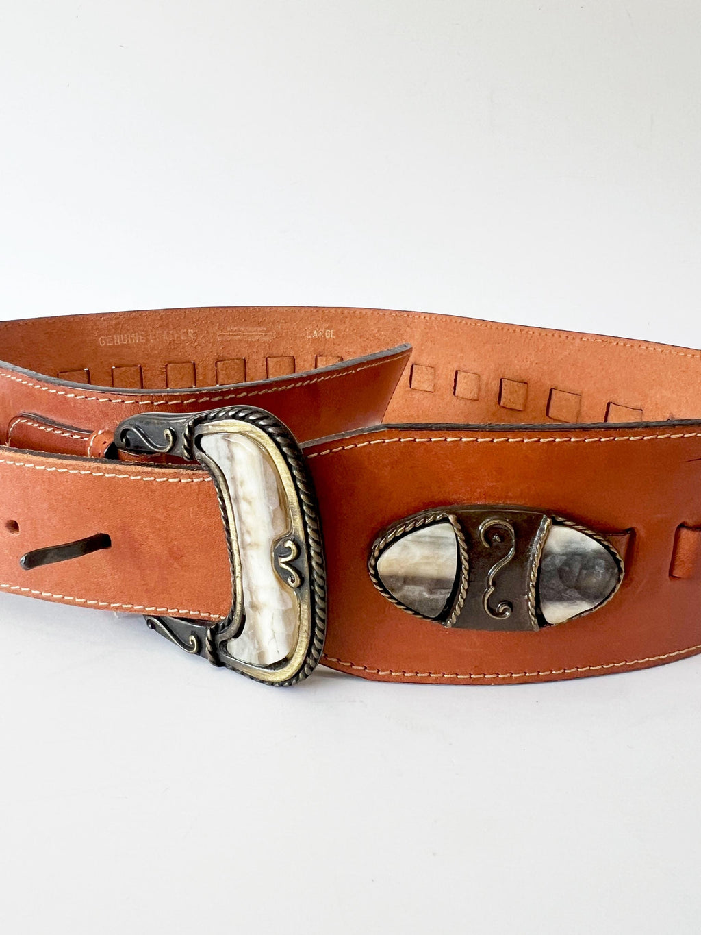 vintage wide belt stone metal and leather cinch belt / large