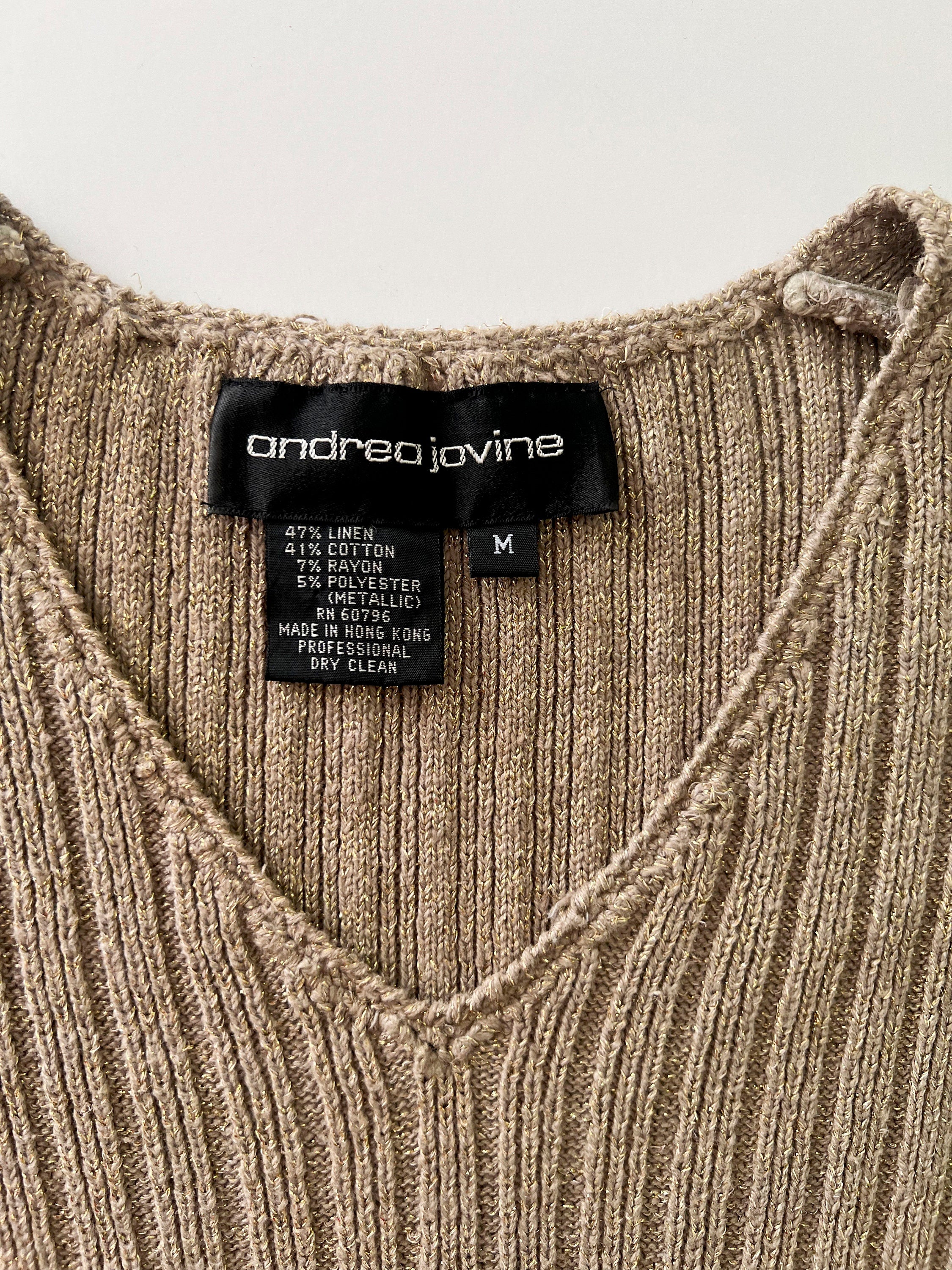 vintage 1980s gold metallic sweater / long sleeveless sweater / andrea jovine / medium