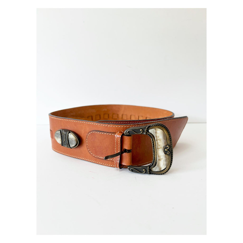 vintage wide belt stone metal and leather cinch belt / large