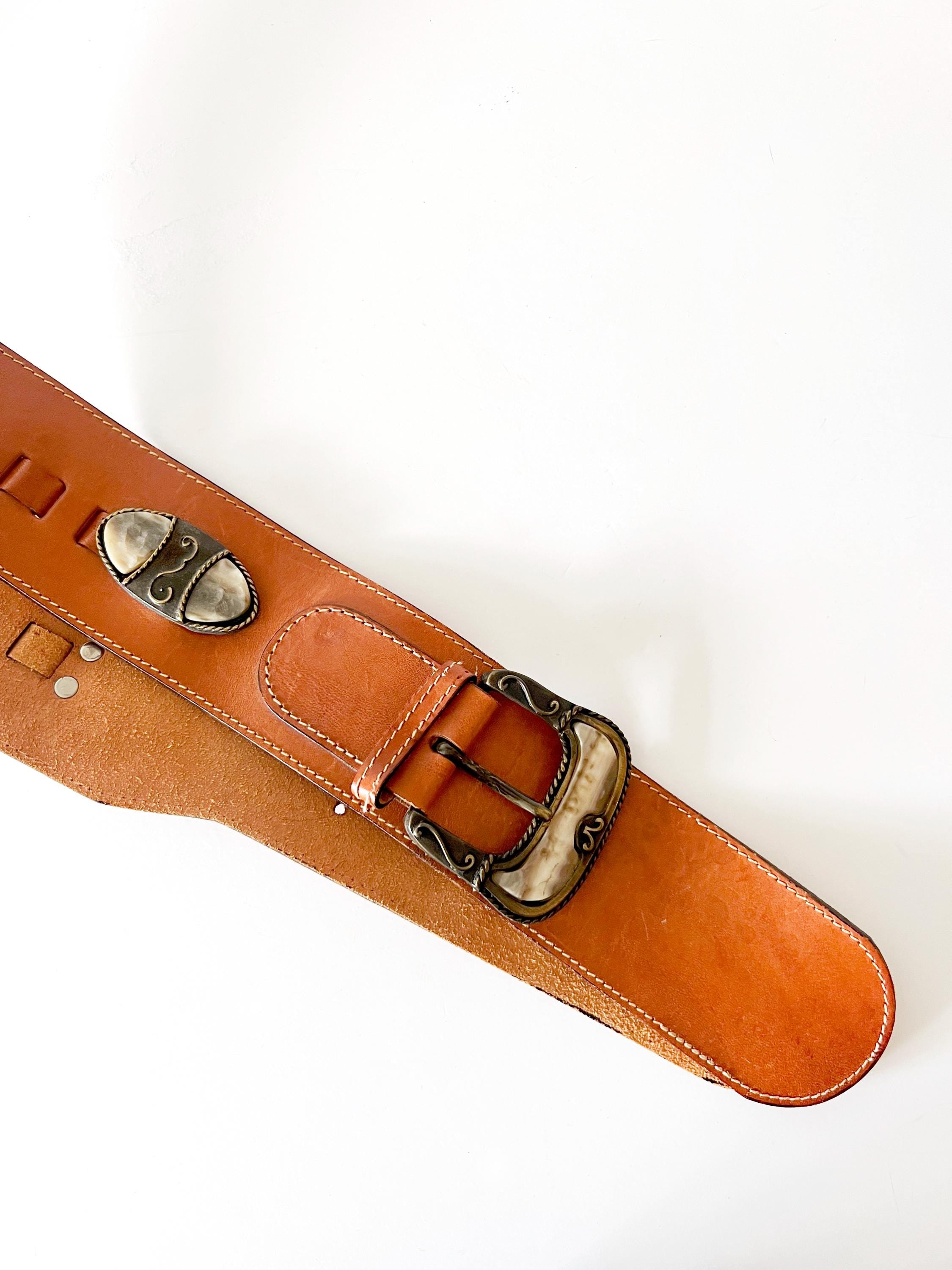 vintage wide belt stone metal and leather cinch belt / large