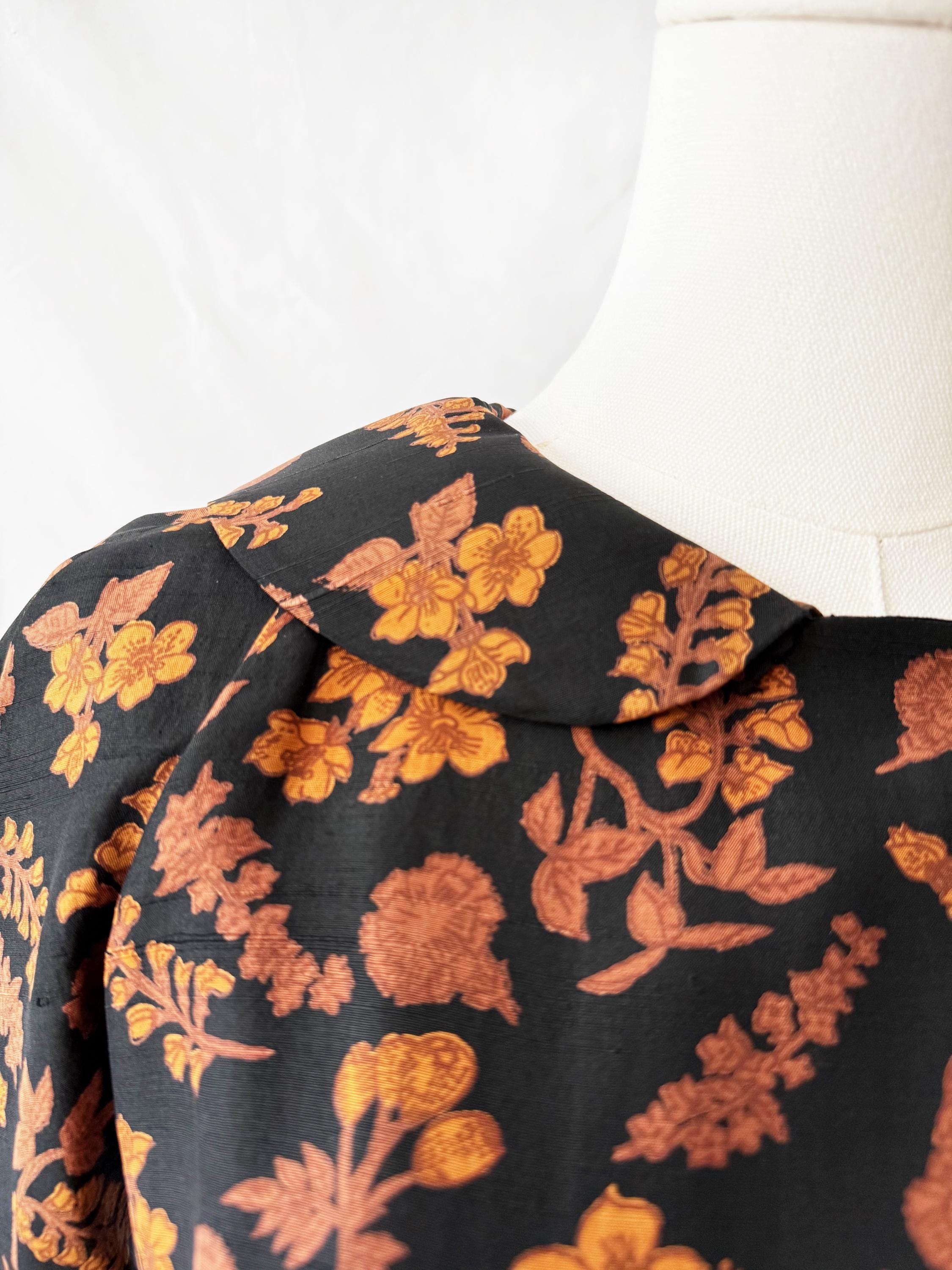 Vintage 1950s Autumn Leaves Silk Midi Dress Small