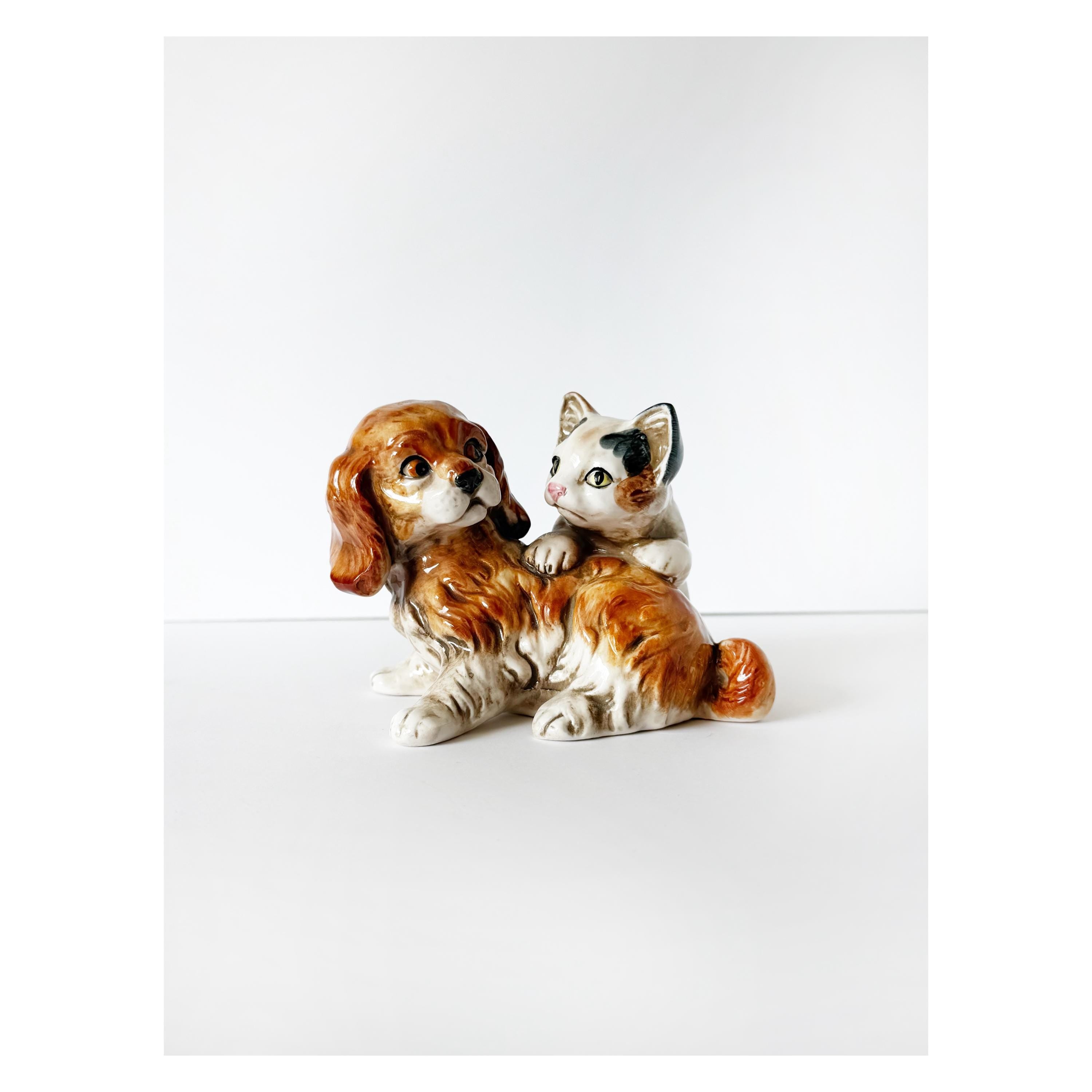 Vintage Enesco Porcelain Spaniel Puppy Dog with Playful Kitten Cat Collectible Figurine