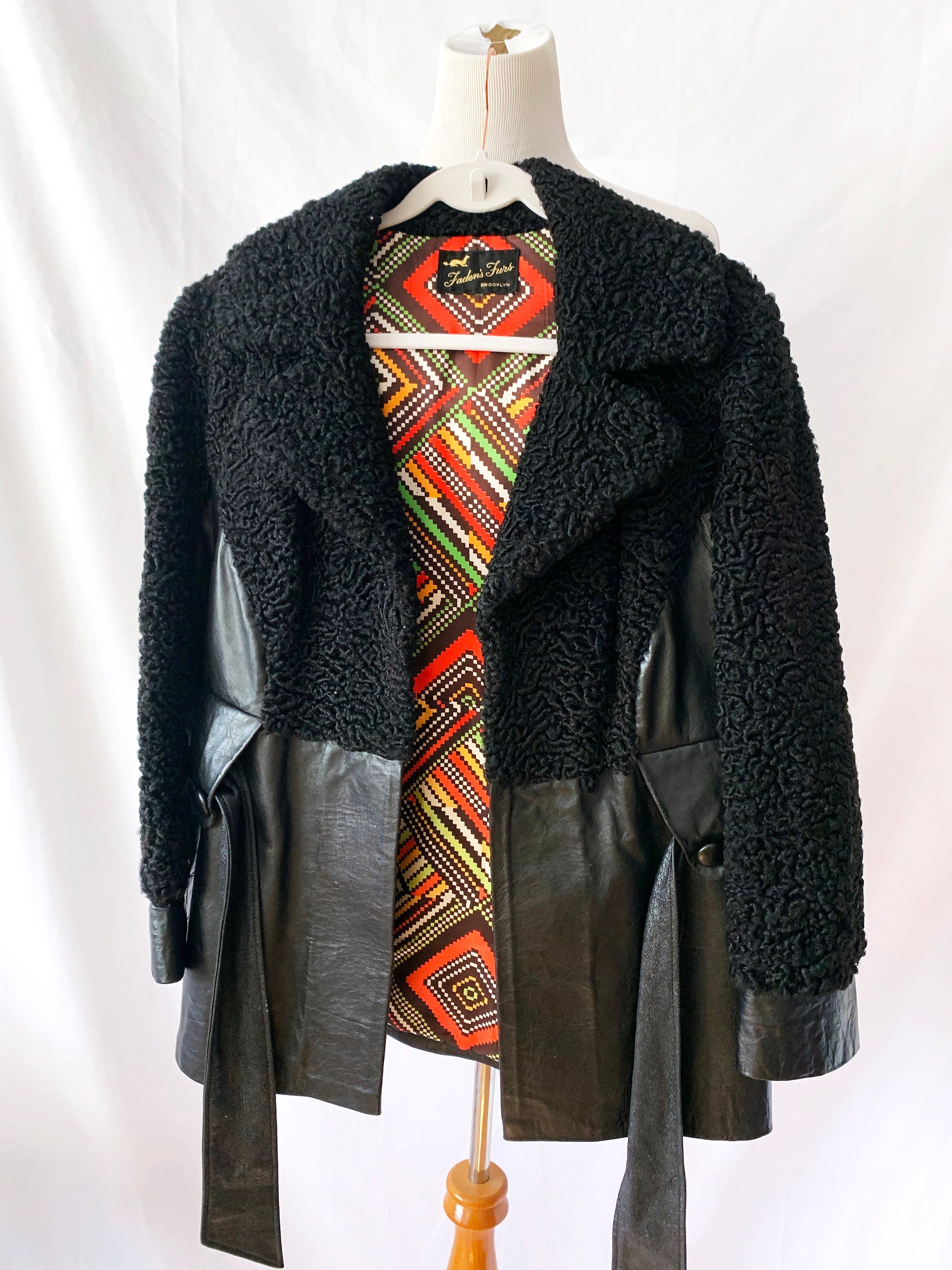 Vintage 70s Black Leather & Lamb Fur Belted Jacket - Small