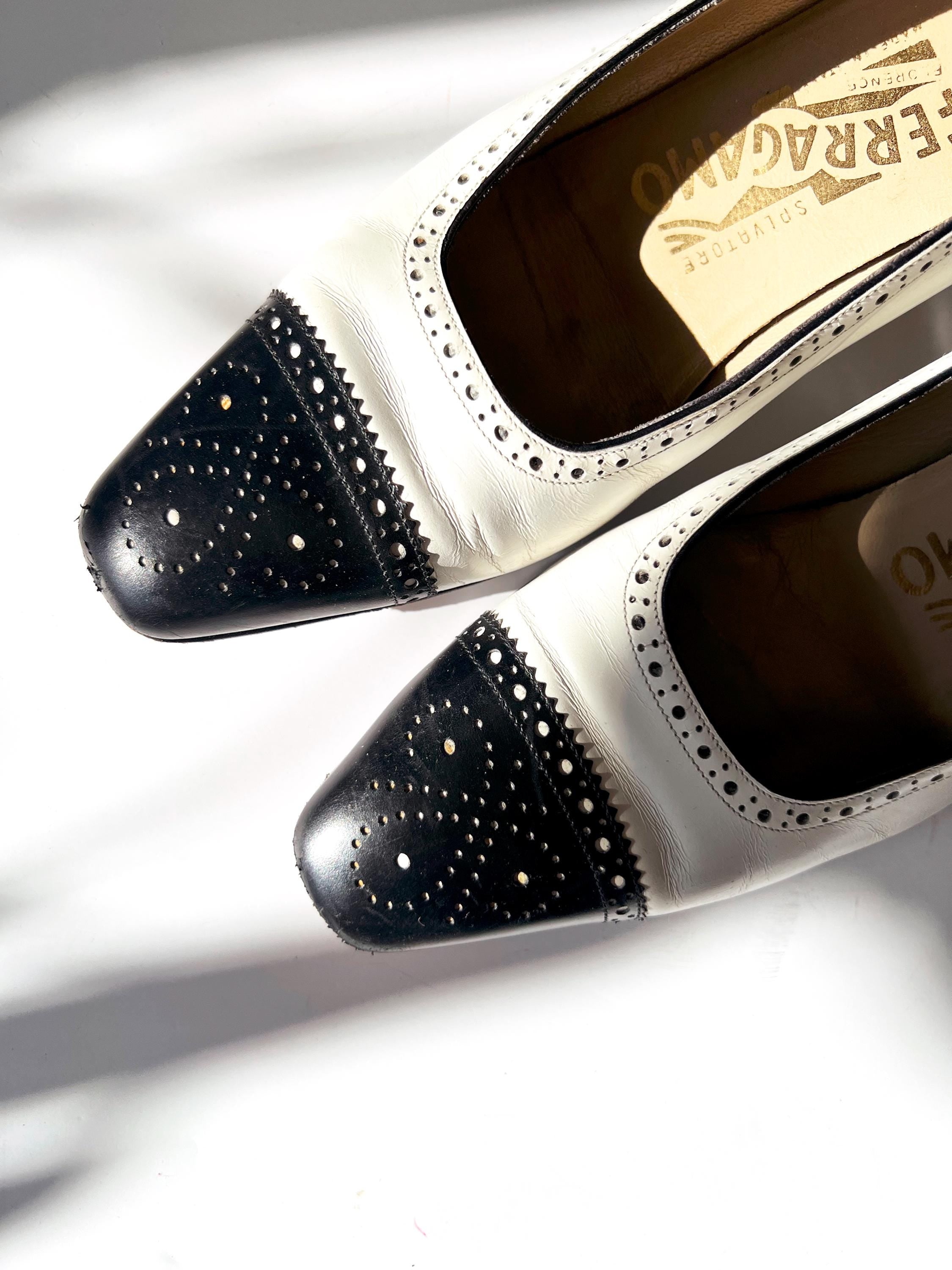 Vintage Salvatore Ferragamo Leather Kitten Heel Pumps: Black & White Oxford, Size 7 Narrow