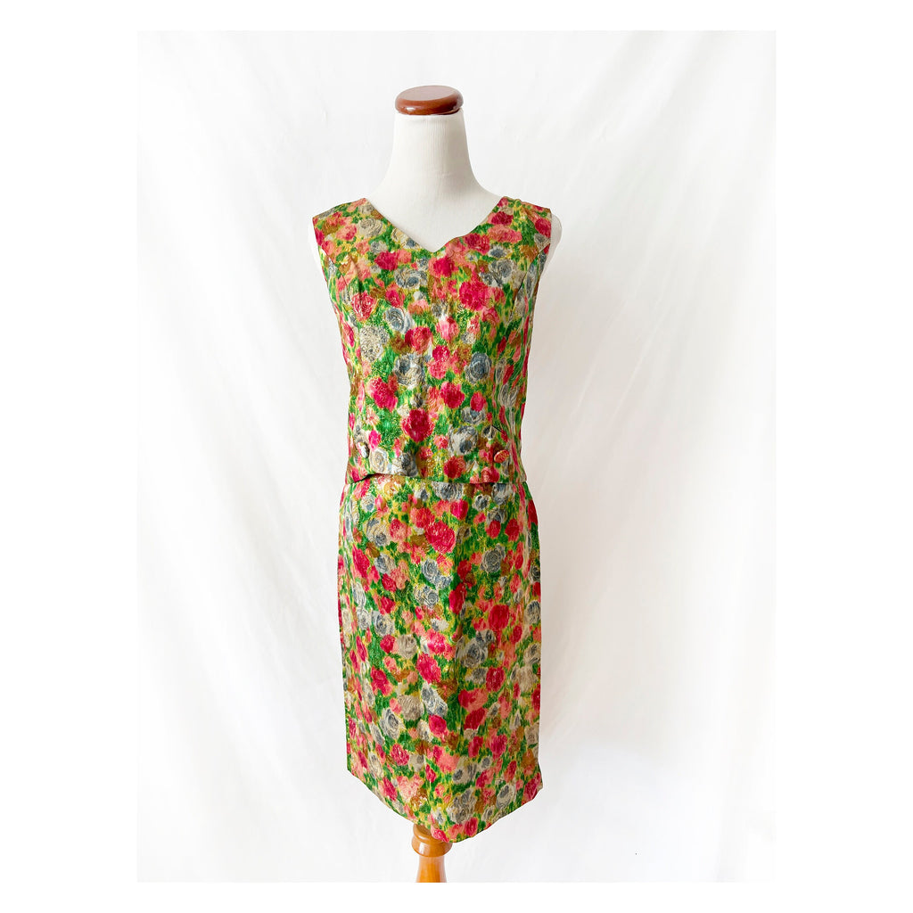 Vntg 60s Floral Skirt Set Gold and Red Roses Sleeveless Spring  / size 4