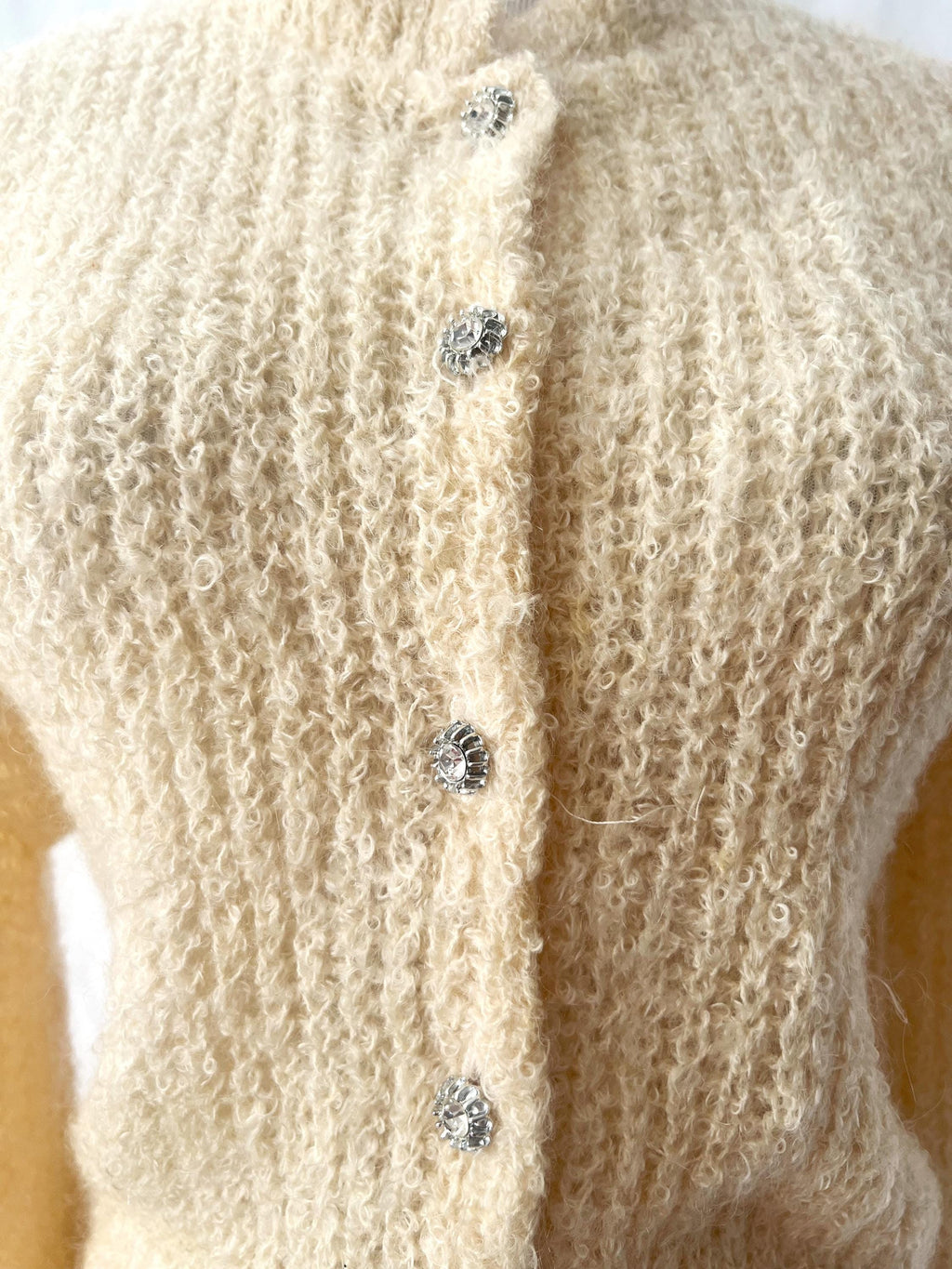 vntg 1960s cardigan with rhinestone buttons / wool / light yellow / huddlespun / medium