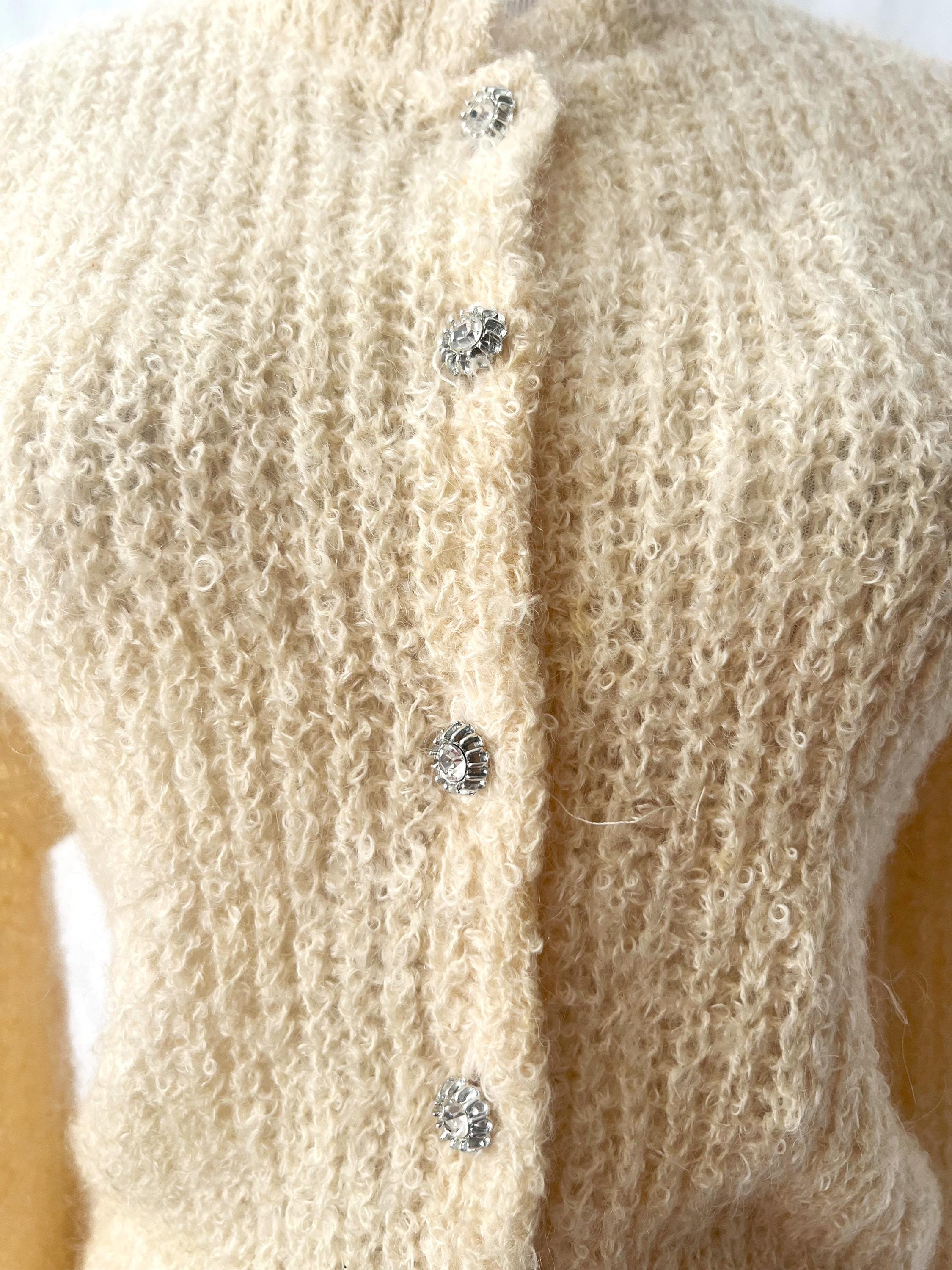vntg 1960s cardigan with rhinestone buttons / wool / light yellow / huddlespun / medium