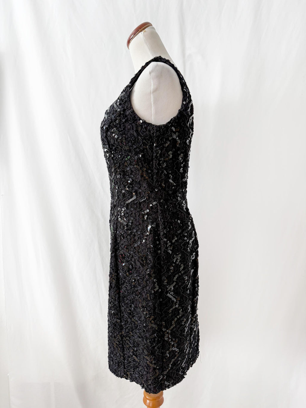 80s Vintage Sequin Cocktail Dress: Black Lace Sweetheart Goth Dress, Sz 8