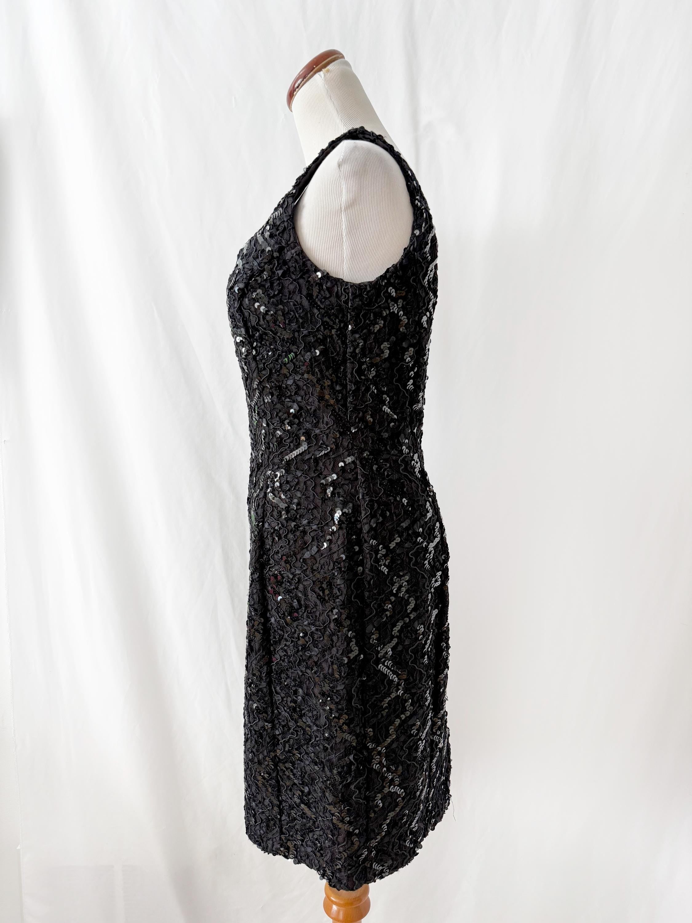 80s Vintage Sequin Cocktail Dress: Black Lace Sweetheart Goth Dress, Sz 8