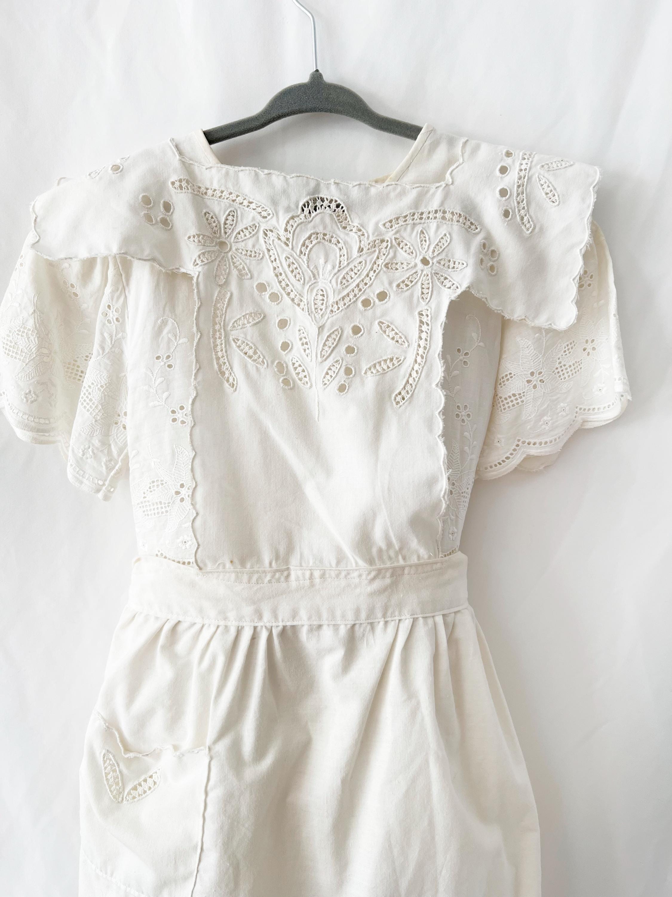 Vintage Floral Eyelet Pinafore Dress: Handmade Cotton Apron, Girls Size 4/5
