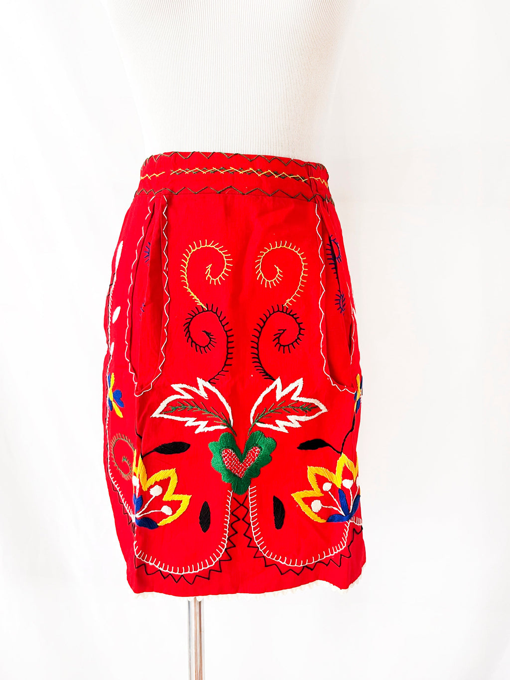 half apron red with colorful embroidery